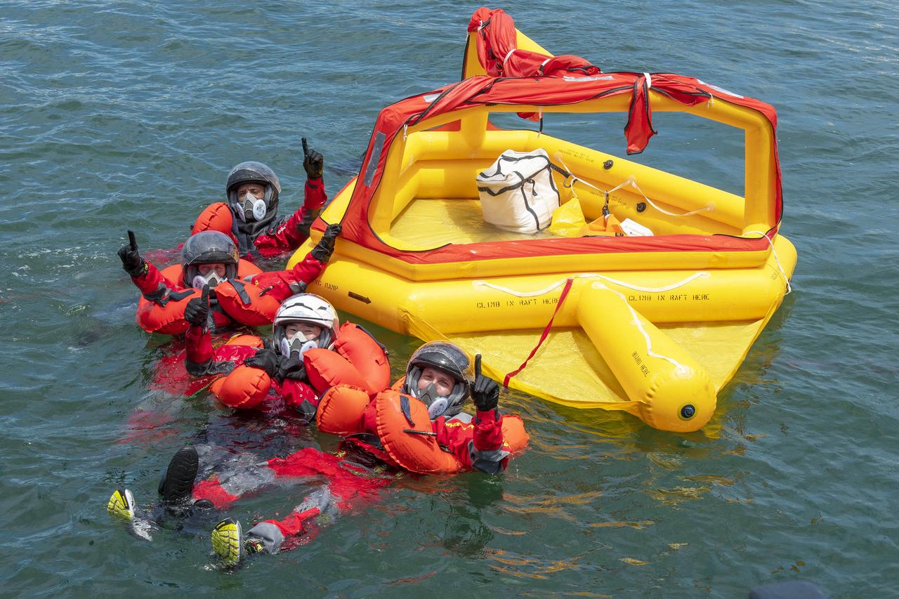 From back to front, pilot Victor Glover, mission specialist Shannon Walker, mission specialist Soichi Noguchi, and spacecraft commander Michael Hopkins participate in an egress training exercise on July 21, 2020, in preparation for NASA’s SpaceX Crew-1 mission. Glover, Walker, and Hopkins are all NASA astronauts; Noguchi is a Japan Aerospace Exploration Agency (JAXA) astronaut. The exercise involved simulating an emergency situation after splashdown of the Crew Dragon spacecraft. Hopkins, Glover, Walker, and Noguchi will launch to the International Space Station from Launch Complex 39A at the agency’s Kennedy Space Center in Florida. Crew-1 will be the first operational mission to the orbiting laboratory under NASA’s Commercial Crew Program, following the agency’s certification of SpaceX’s crew transportation system.
