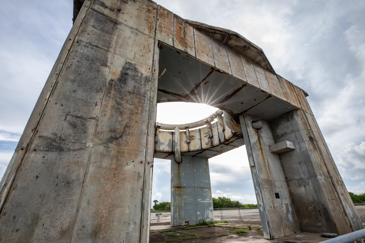 A close-up view of the launch pedestal still standing at Launch Complex 34 at Cape Canaveral Space Force Station in Florida on July 22, 2020. Work will soon begin to perform environmental contamination removal on the pedestal and the ground area surrounding the launch complex.
