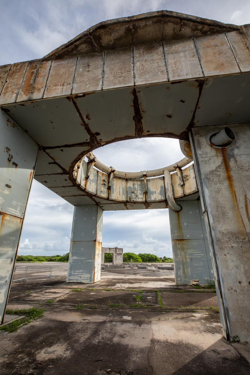 A close-up view of the launch pedestal still standing at Launch Complex 34 at Cape Canaveral Space Force Station in Florida on July 22, 2020. Work will soon begin to perform environmental contamination removal on the pedestal and the ground area surrounding the launch complex.
