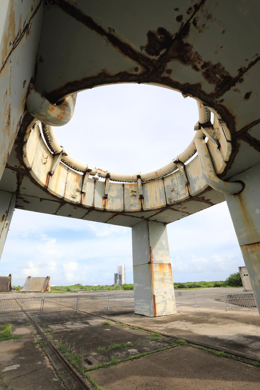 A view looking up from inside the launch pedestal still standing at Launch Complex 34 at Cape Canaveral Space Force Station in Florida on July 22, 2020. Work will soon begin to perform environmental contamination removal on the pedestal and the ground area surrounding the launch complex.