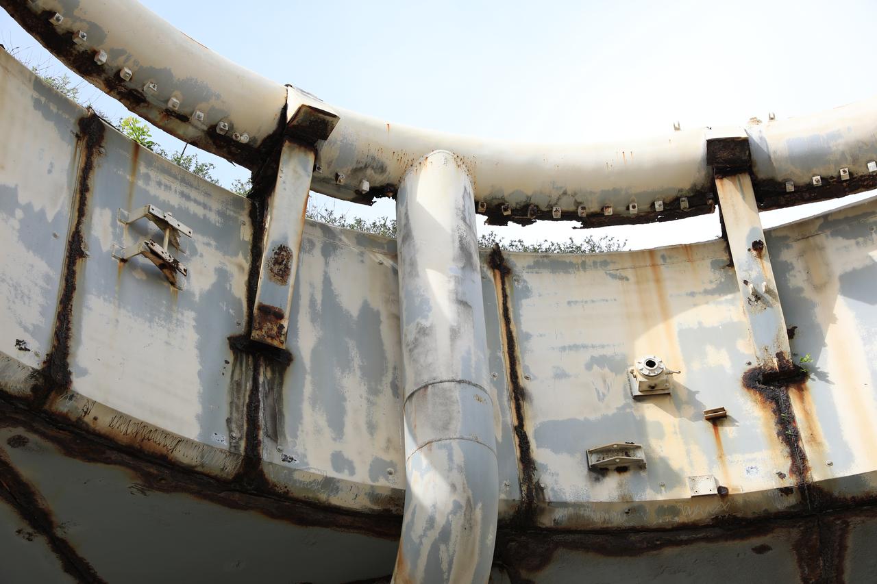 A view looking up from inside the launch pedestal still standing at Launch Complex 34 at Cape Canaveral Space Force Station in Florida on July 22, 2020. Work will soon begin to perform environmental contamination removal on the pedestal and the ground area surrounding the launch complex.