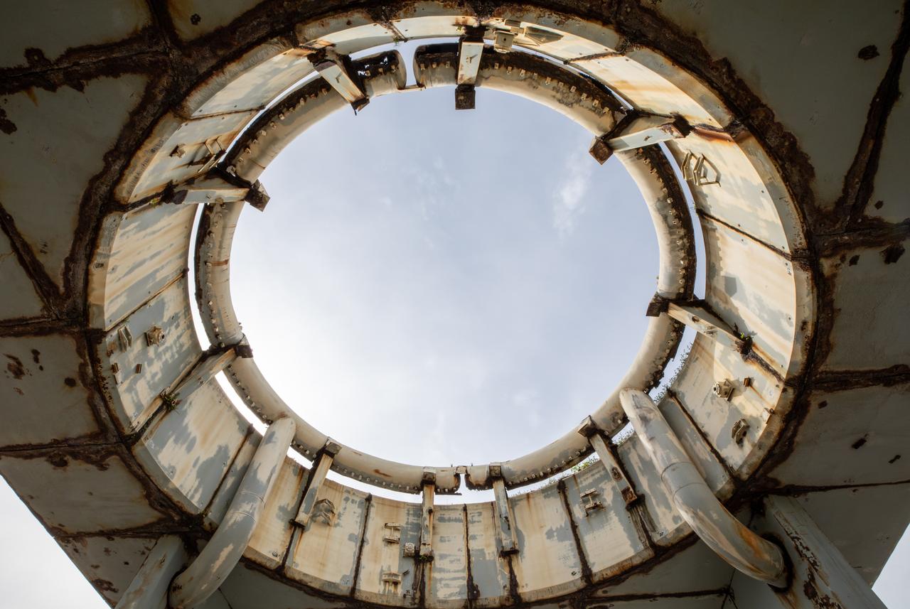 A view looking up from inside the launch pedestal still standing at Launch Complex 34 at Cape Canaveral Space Force Station in Florida on July 22, 2020. Work will soon begin to perform environmental contamination removal on the pedestal and the ground area surrounding the launch complex.