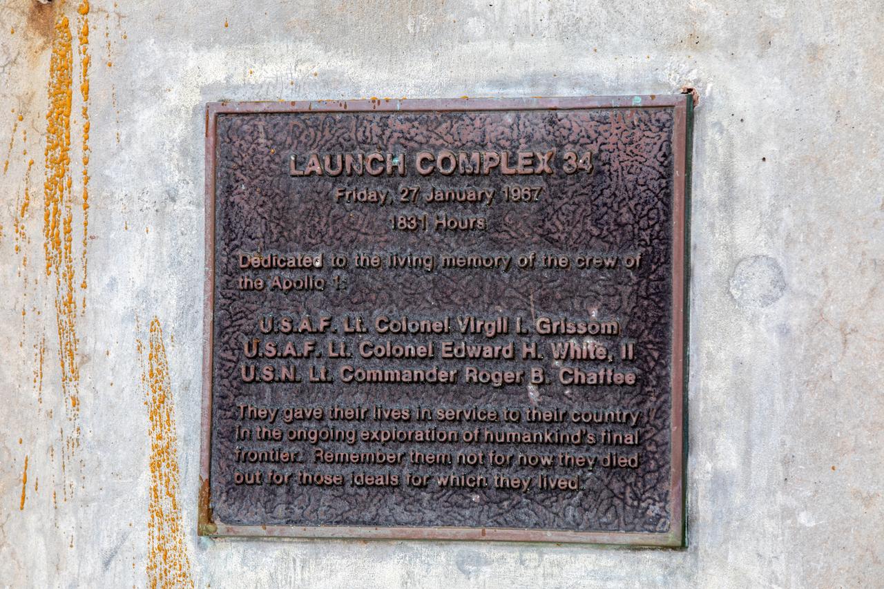 A close-up view of the historic marker on the launch pedestal still standing at Launch Complex 34 at Cape Canaveral Space Force Station in Florida on July 22, 2020. Work will soon begin to perform environmental contamination removal on the pedestal and the ground area surrounding the launch complex.