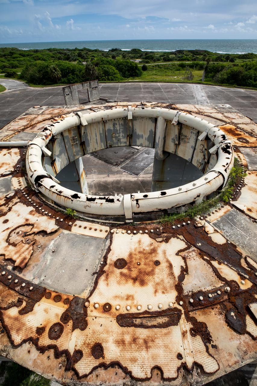 A view of the top of the launch pedestal still standing at Launch Complex 34 at Cape Canaveral Space Force Station in Florida on July 22, 2020. Work will soon begin to perform environmental contamination removal on the pedestal and the ground area surrounding the launch complex.