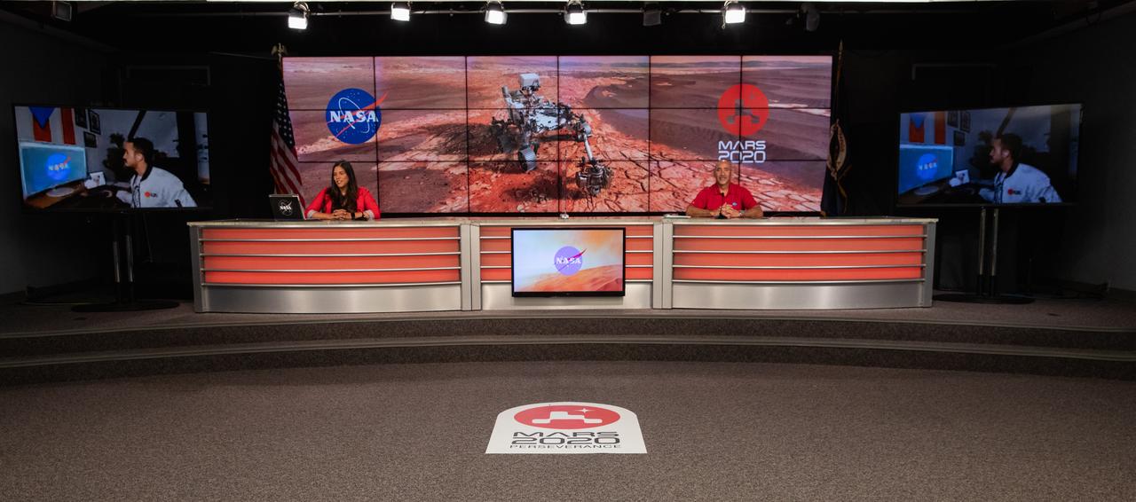 NASA Public Affairs Specialist Kristi Irastorza, left, and NASA’s Launch Services Program (LSP) Chief of Flight Projects Office Albert Sierra, participate in a “Mars 2020 Social Media Q&A: En Español” program on Wednesday, July 22, at NASA’s Kennedy Space Center in Florida. The event featured representatives from LSP and NASA’s Jet Propulsion Laboratory. The Mars Perseverance rover is scheduled to lift off aboard a United Launch Alliance Atlas V 541 rocket from Cape Canaveral Air Force Station’s Space Launch Complex 41 on Thursday, July 30. The two-hour window opens at 7:50 a.m. EDT. LSP, based at Kennedy, is managing the launch.