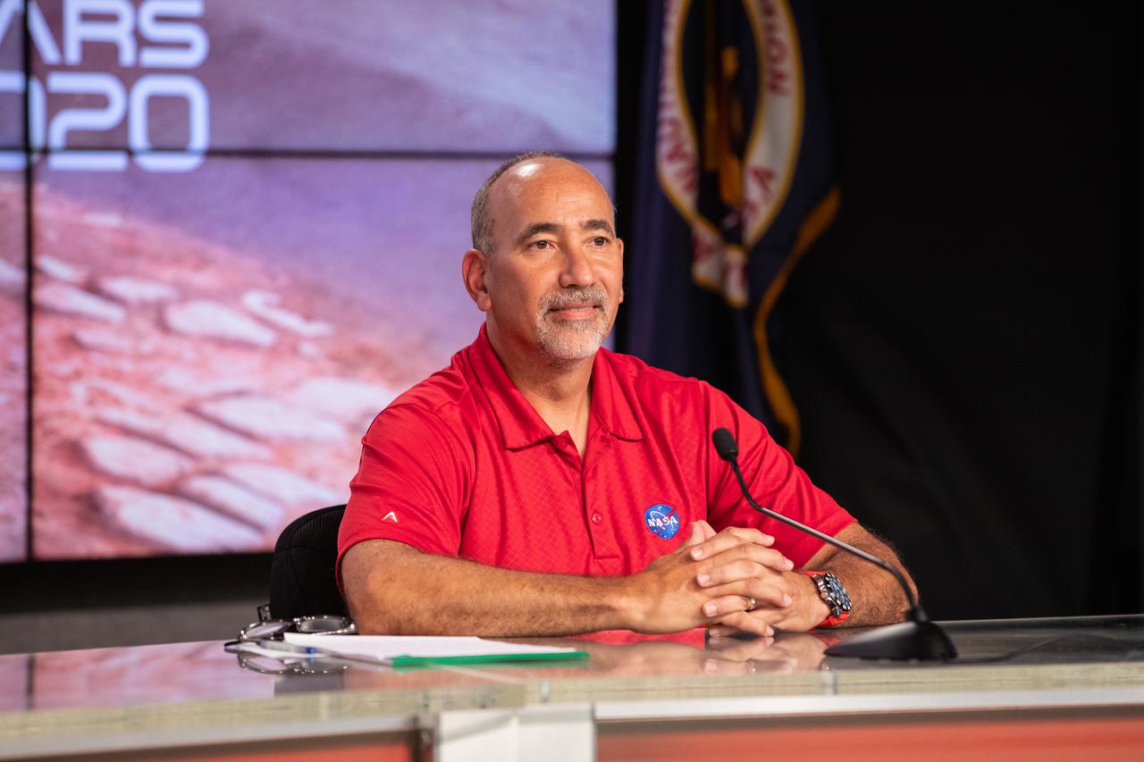 NASA’s Launch Services Program (LSP) Chief of Flight Projects Office Albert Sierra participates in a “Mars 2020 Social Media Q&A: En Español” program on Wednesday, July 22, at NASA’s Kennedy Space Center in Florida. The event featured representatives from LSP and NASA’s Jet Propulsion Laboratory. The Mars Perseverance rover is scheduled to lift off aboard a United Launch Alliance Atlas V 541 rocket from Cape Canaveral Air Force Station’s Space Launch Complex 41 on Thursday, July 30. The two-hour window opens at 7:50 a.m. EDT. LSP, based at Kennedy, is managing the launch.