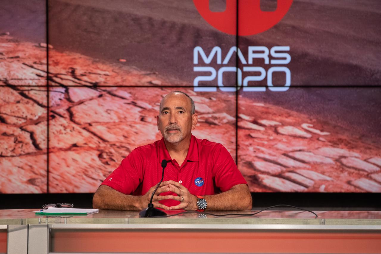 NASA’s Launch Services Program (LSP) Chief of Flight Projects Office Albert Sierra participates in a “Mars 2020 Social Media Q&A: En Español” program on Wednesday, July 22, at NASA’s Kennedy Space Center in Florida. The event featured representatives from LSP and NASA’s Jet Propulsion Laboratory. The Mars Perseverance rover is scheduled to lift off aboard a United Launch Alliance Atlas V 541 rocket from Cape Canaveral Air Force Station’s Space Launch Complex 41 on Thursday, July 30. The two-hour window opens at 7:50 a.m. EDT. LSP, based at Kennedy, is managing the launch.
