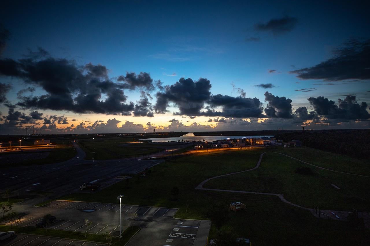 An early sunrise view of a waterway surrounding Launch Complex 39 at NASA's Kennedy Space Center in Florida on July 25, 2020. NASA’s Space Launch System and Orion spacecraft will lift off from Launch Complex 39B on Artemis I, an uncrewed mission around the Moon.