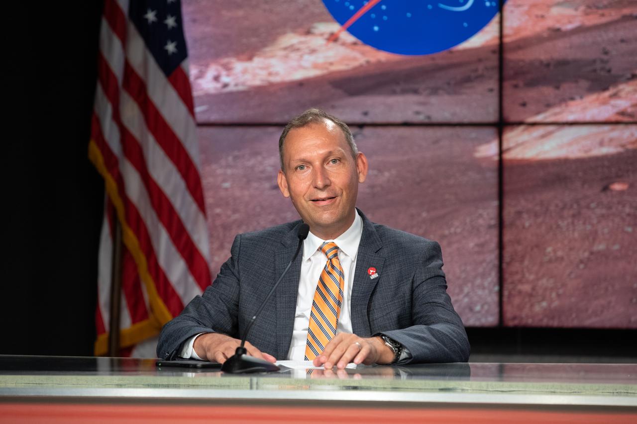 Thomas Zurbuchen, NASA Associate Administrator, Science Mission Directorate, participates in a Mars 2020 prelaunch news briefing at NASA’s Kennedy Space Center in Florida on July 27, 2020. The Mars Perseverance rover is scheduled to launch on July 30, on a United Launch Alliance Atlas V 541 rocket from Space Launch Complex 41 at nearby Cape Canaveral Air Force Station. The rover is part of NASA’s Mars Exploration Program, a long-term effort of robotic exploration of the Red Planet. The rover will search for habitable conditions in the ancient past and signs of past microbial life on Mars. The Launch Services Program at Kennedy is responsible for launch management. 
