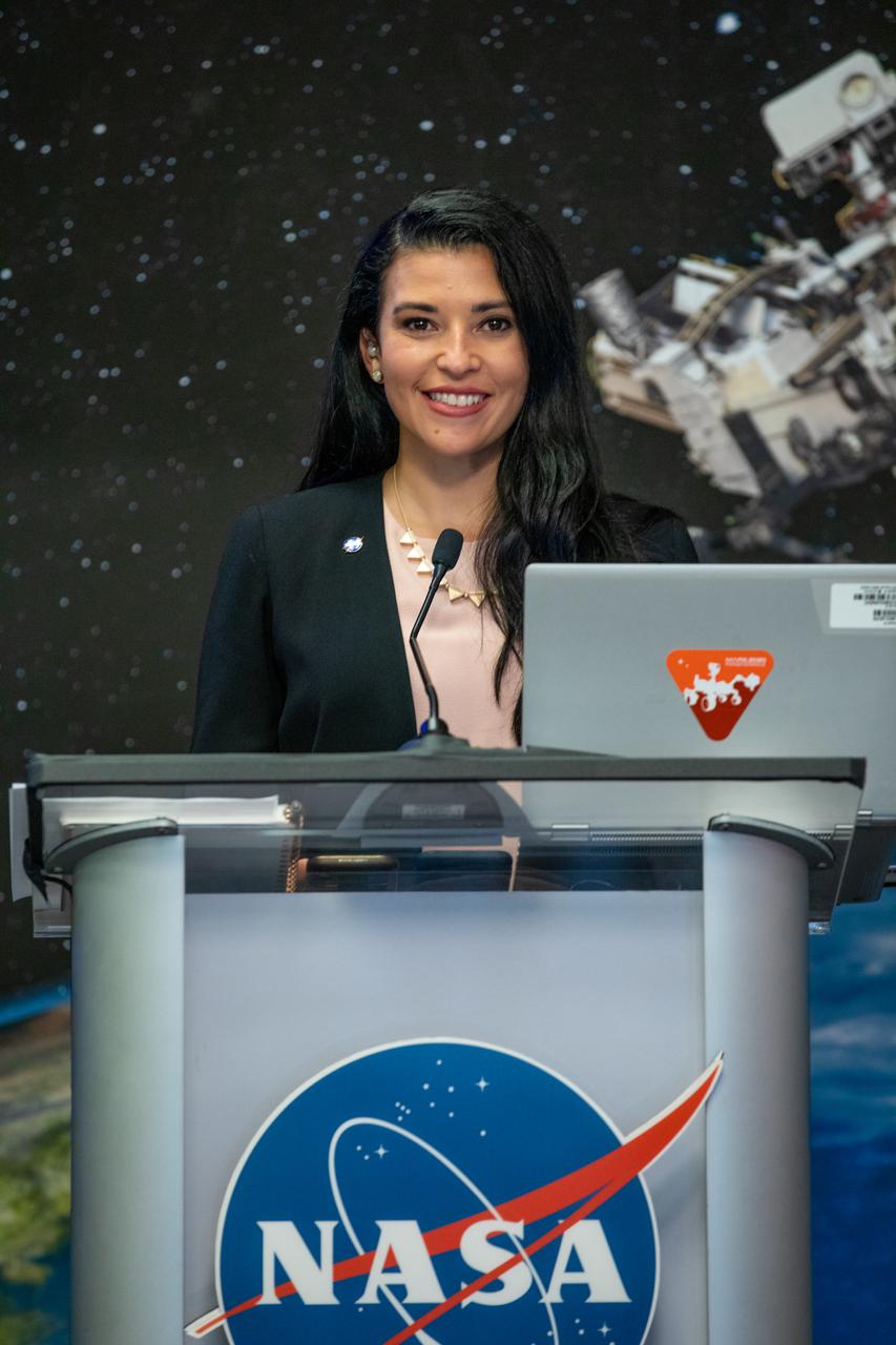 Bettina Inclan, NASA Headquarters, moderates a Mars 2020 prelaunch news briefing at NASA’s Kennedy Space Center in Florida on July 27, 2020. The Mars Perseverance rover is scheduled to launch on July 30, on a United Launch Alliance Atlas V 541 rocket from Space Launch Complex 41 at nearby Cape Canaveral Air Force Station. The rover is part of NASA’s Mars Exploration Program, a long-term effort of robotic exploration of the Red Planet. The rover will search for habitable conditions in the ancient past and signs of past microbial life on Mars. The Launch Services Program at Kennedy is responsible for launch management.
