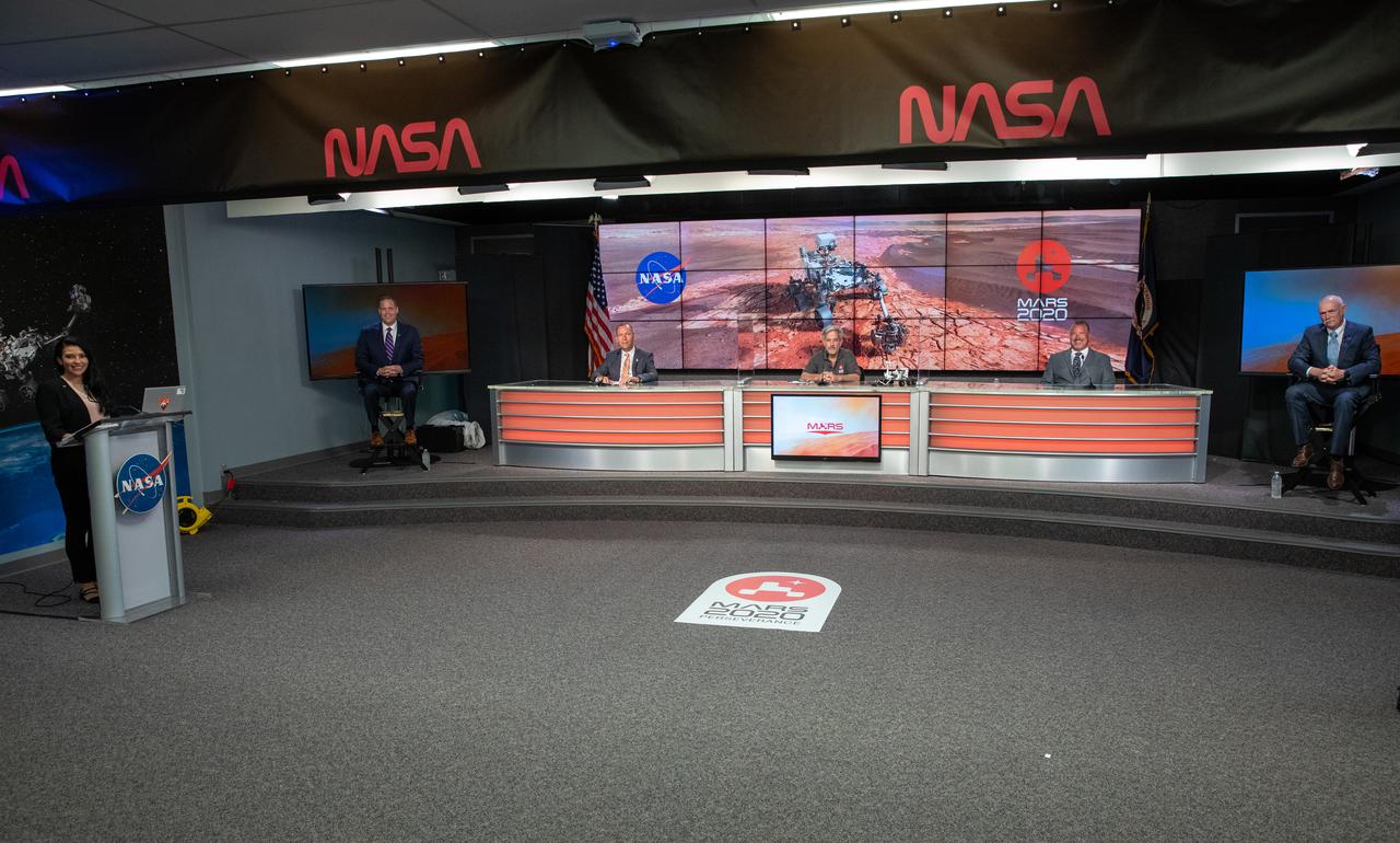 A Mars 2020 prelaunch news conference is held at NASA’s Kennedy Space Center in Florida on July 27, 2020. Participating in the briefing from left, are Moderator Bettina Inclan, NASA Headquarters; NASA Administrator Jim Bridenstine; Thomas Zurbuchen, NASA associate administrator, Science Mission Directorate; Matt Wallace, deputy project manager, NASA’s Jet Propulsion Laboratory; Launch Director Omar Baez, NASA’s Launch Services Program; and Tory Bruno, CEO, United Launch Alliance. The Mars Perseverance rover is scheduled to launch on July 30, on a United Launch Alliance Atlas V 541 rocket from Space Launch Complex 41 at nearby Cape Canaveral Air Force Station. The rover is part of NASA’s Mars Exploration Program, a long-term effort of robotic exploration of the Red Planet. The rover will search for habitable conditions in the ancient past and signs of past microbial life on Mars. The Launch Services Program at Kennedy is responsible for launch management.