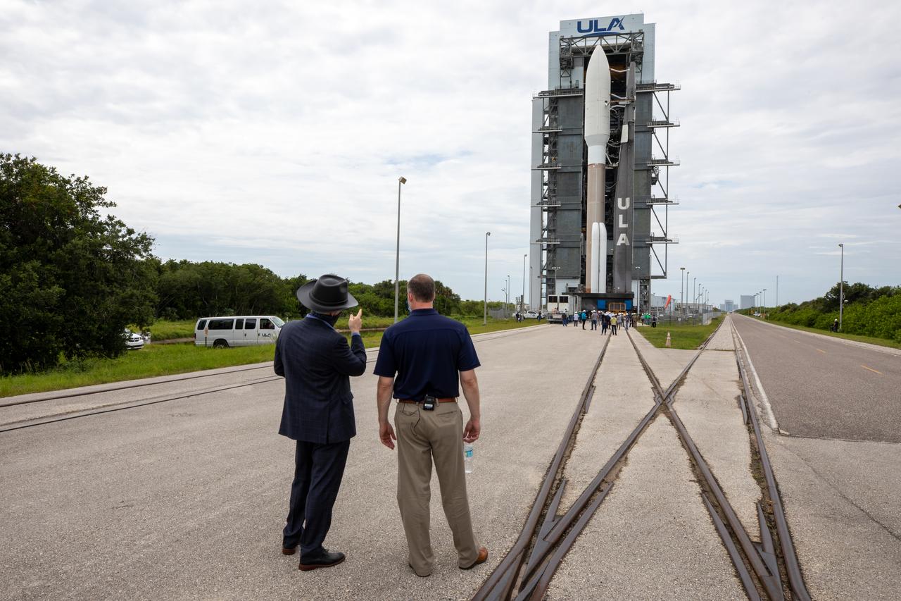 NASA Administrator Jim Bridenstine, at right, and Tory Bruno, CEO of United Launch Alliance (ULA), watch the rollout of the ULA Atlas V 541 rocket, carrying NASA’s Mars Perseverance rover and Ingenuity helicopter, as it rolls along to the launch pad at Space Launch Complex 41 at Cape Canaveral Air Force Station on July 28, 2020. First motion was at 10:24 a.m. EDT. Launch of the Mars 2020 mission is scheduled for July 30. The rover is part of NASA’s Mars Exploration Program, a long-term effort of robotic exploration of the Red Planet. The rover will search for habitable conditions in the ancient past and signs of past microbial life on Mars. The Launch Services Program at Kennedy is responsible for launch management.