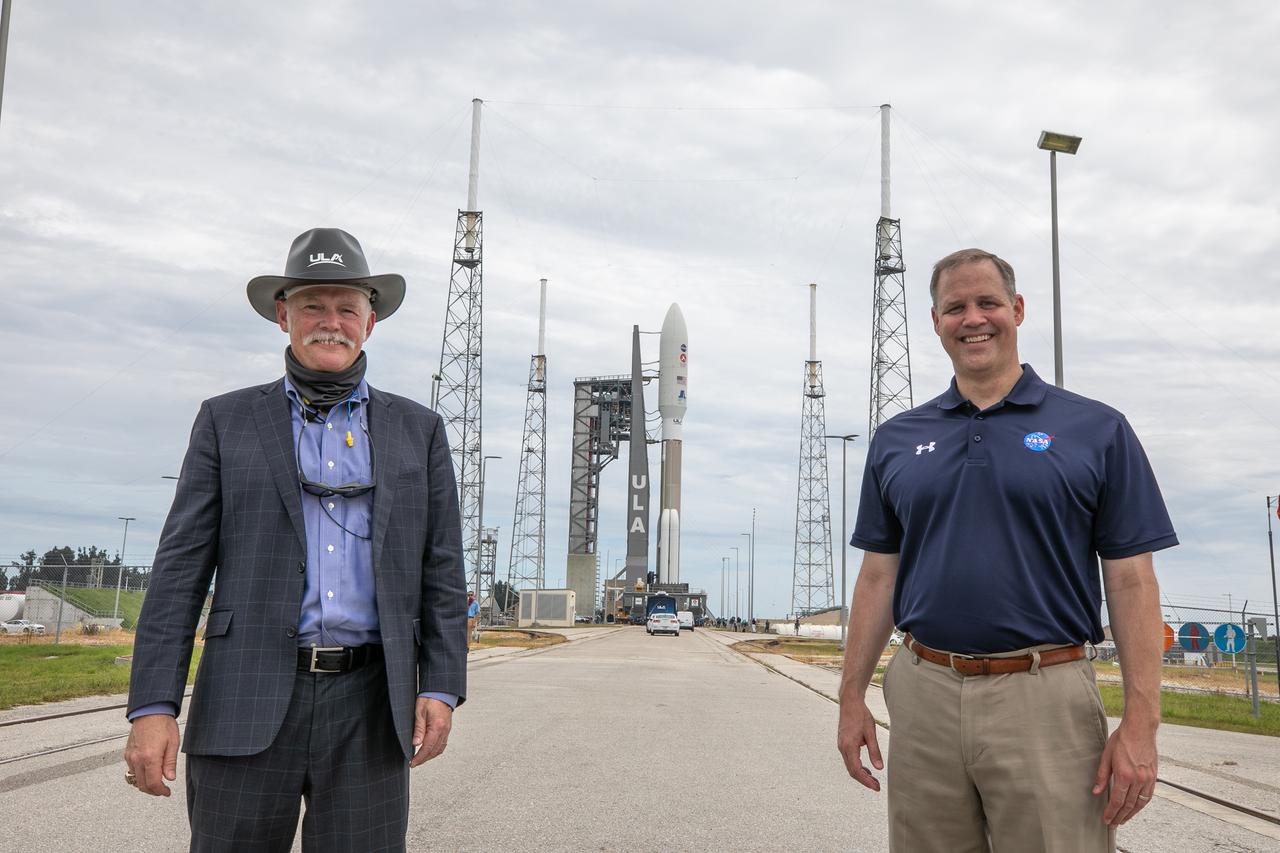 NASA Administrator Jim Bridenstine, at right, and Tory Bruno, CEO of United Launch Alliance (ULA), watch the rollout of the ULA Atlas V 541 rocket, carrying NASA’s Mars Perseverance rover and Ingenuity helicopter, as it rolls along to the launch pad at Space Launch Complex 41 at Cape Canaveral Air Force Station on July 28, 2020. First motion was at 10:24 a.m. EDT. Launch of the Mars 2020 mission is scheduled for July 30. The rover is part of NASA’s Mars Exploration Program, a long-term effort of robotic exploration of the Red Planet. The rover will search for habitable conditions in the ancient past and signs of past microbial life on Mars. The Launch Services Program at Kennedy is responsible for launch management.
