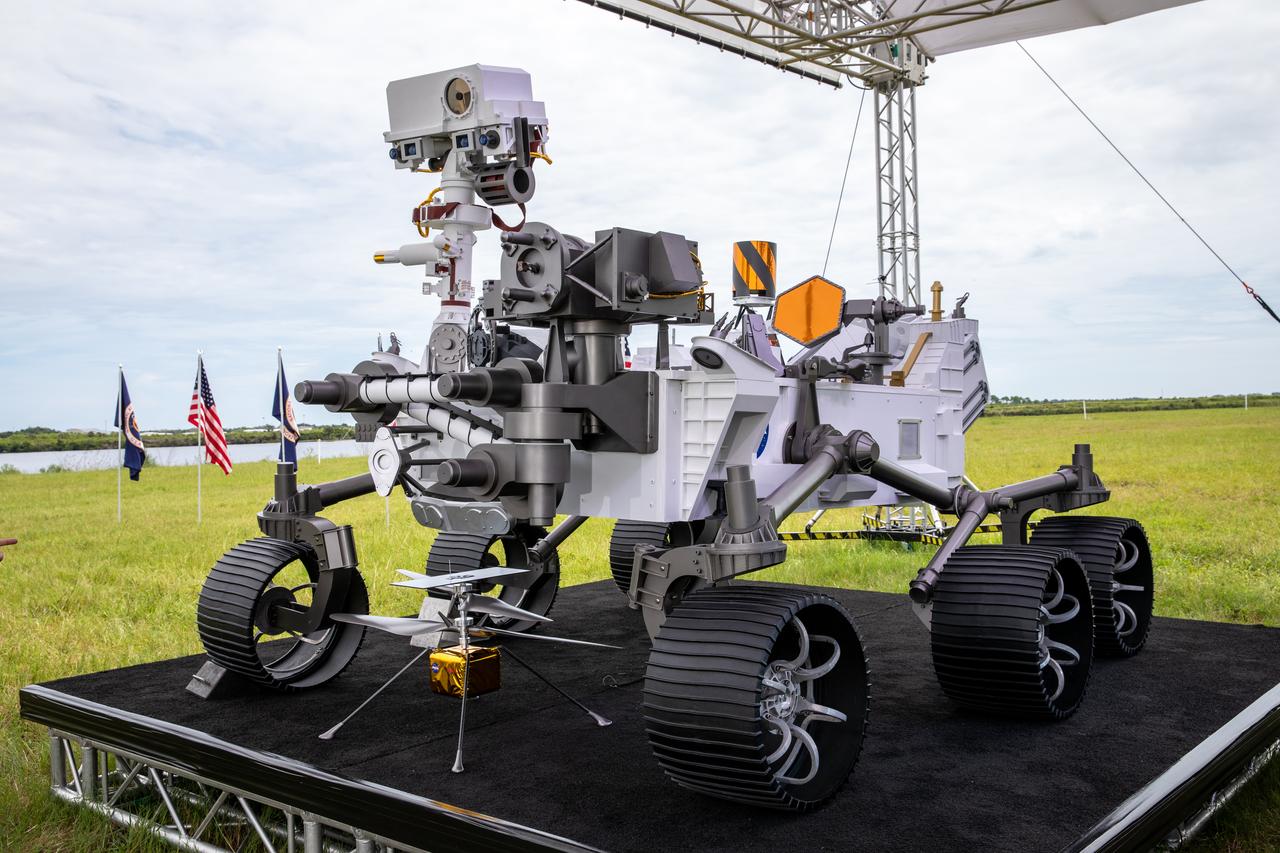 A full-scale mockup of NASA’s Mars 2020 Perseverance rover is at the News Center at the agency’s Kennedy Space Center in Florida on July 28, 2020. The rover is scheduled to launch July 30, on a United Launch Alliance Atlas V 541 rocket from Space Launch Complex 41 at nearby Cape Canaveral Air Force Station. The rover is part of NASA’s Mars Exploration Program, a long-term effort of robotic exploration of the Red Planet. The rover will search for habitable conditions in the ancient past and signs of past microbial life on Mars. The Launch Services Program at Kennedy is responsible for launch management. 