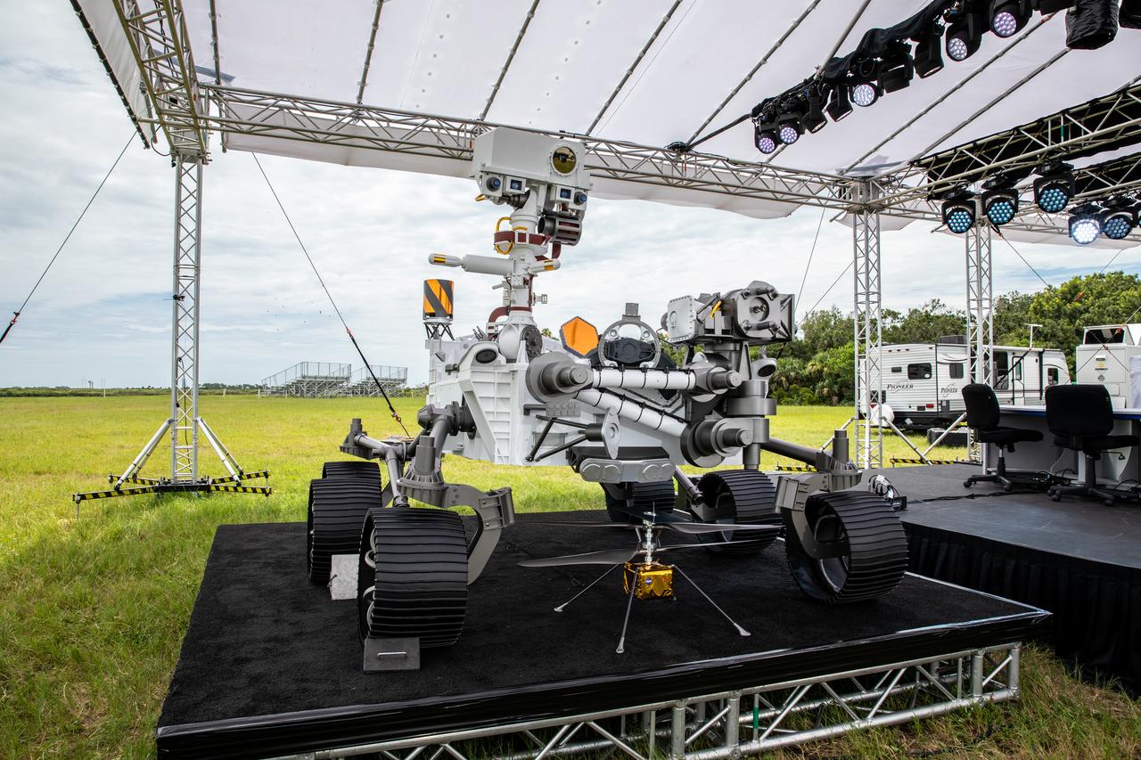 A full-scale mockup of NASA’s Mars 2020 Perseverance rover is at the News Center at the agency’s Kennedy Space Center in Florida on July 28, 2020. The rover is scheduled to launch July 30, on a United Launch Alliance Atlas V 541 rocket from Space Launch Complex 41 at nearby Cape Canaveral Air Force Station. The rover is part of NASA’s Mars Exploration Program, a long-term effort of robotic exploration of the Red Planet. The rover will search for habitable conditions in the ancient past and signs of past microbial life on Mars. The Launch Services Program at Kennedy is responsible for launch management. 