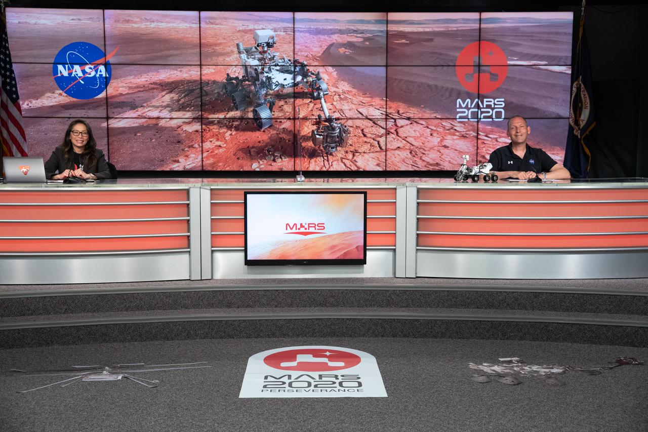 A Mars 2020 Sample Return briefing is held at NASA’s Kennedy Space Center in Florida on July 28, 2020. Participating in the briefing, from left, are Moderator Jia-Rui Cook, NASA’s Jet Propulsion Laboratory; and Thomas Zurbuchen, NASA associate administrator, Science Mission Directorate, The Mars Perseverance rover is scheduled to launch July 30, on a United Launch Alliance Atlas V 541 rocket from Space Launch Complex 41 at nearby Cape Canaveral Air Force Station. The rover is part of NASA’s Mars Exploration Program, a long-term effort of robotic exploration of the Red Planet. The rover will search for habitable conditions in the ancient past and signs of past microbial life on Mars. The Launch Services Program at Kennedy is responsible for launch management.
