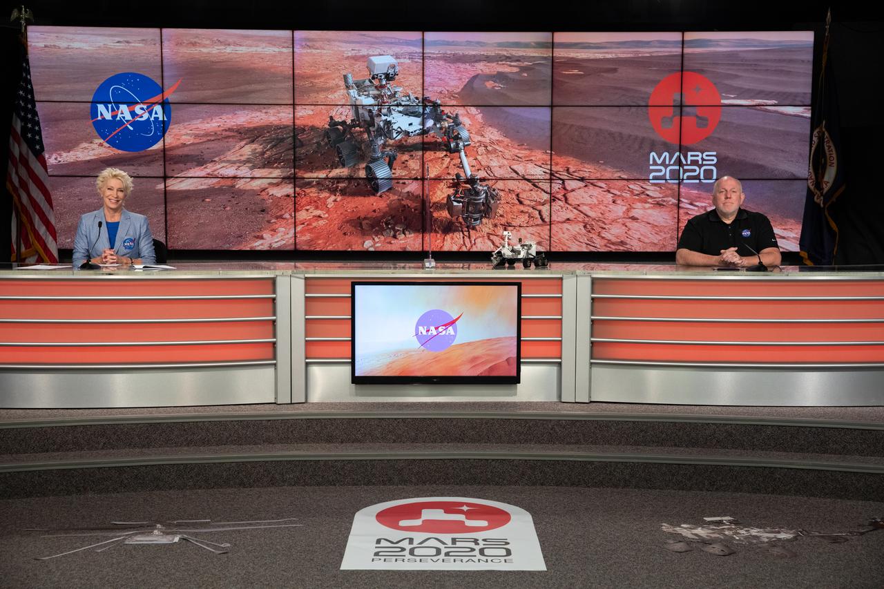 A Mars 2020 Mission Tech and Humans to Mars Briefing is held at NASA’s Kennedy Space Center in Florida on July 28, 2020. Participating in the briefing from left, are Tammy Long, moderator, NASA Communications, and Jeff Sheehy, Space Technology Mission Directorate, NASA Headquarters. The Mars Perseverance rover is scheduled to launch July 30, on a United Launch Alliance Atlas V 541 rocket from Space Launch Complex 41 at nearby Cape Canaveral Air Force Station. The rover is part of NASA’s Mars Exploration Program, a long-term effort of robotic exploration of the Red Planet. The rover will search for habitable conditions in the ancient past and signs of past microbial life on Mars. The Launch Services Program at Kennedy is responsible for launch management. 