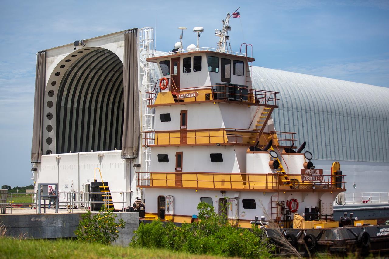 NASA’s Pegasus barge, carrying the launch vehicle stage adapter (LVSA) for the agency’s Space Launch System (SLS) rocket, arrives at the Kennedy Space Center Launch Complex 39 turn basin wharf on July 29, 2020. Traveling to Florida from NASA’s Marshall Space Flight Center in Huntsville, Alabama, the LVSA will connect the SLS core stage to the rocket’s upper stage for the Artemis I launch. Once the LVSA is offloaded, it will be moved to High Bay 4 in the Vehicle Assembly Building for processing ahead of launch. The first launch under the agency’s Artemis program, Artemis I will test SLS and the Orion spacecraft as an integrated system prior to crewed flights to the Moon.