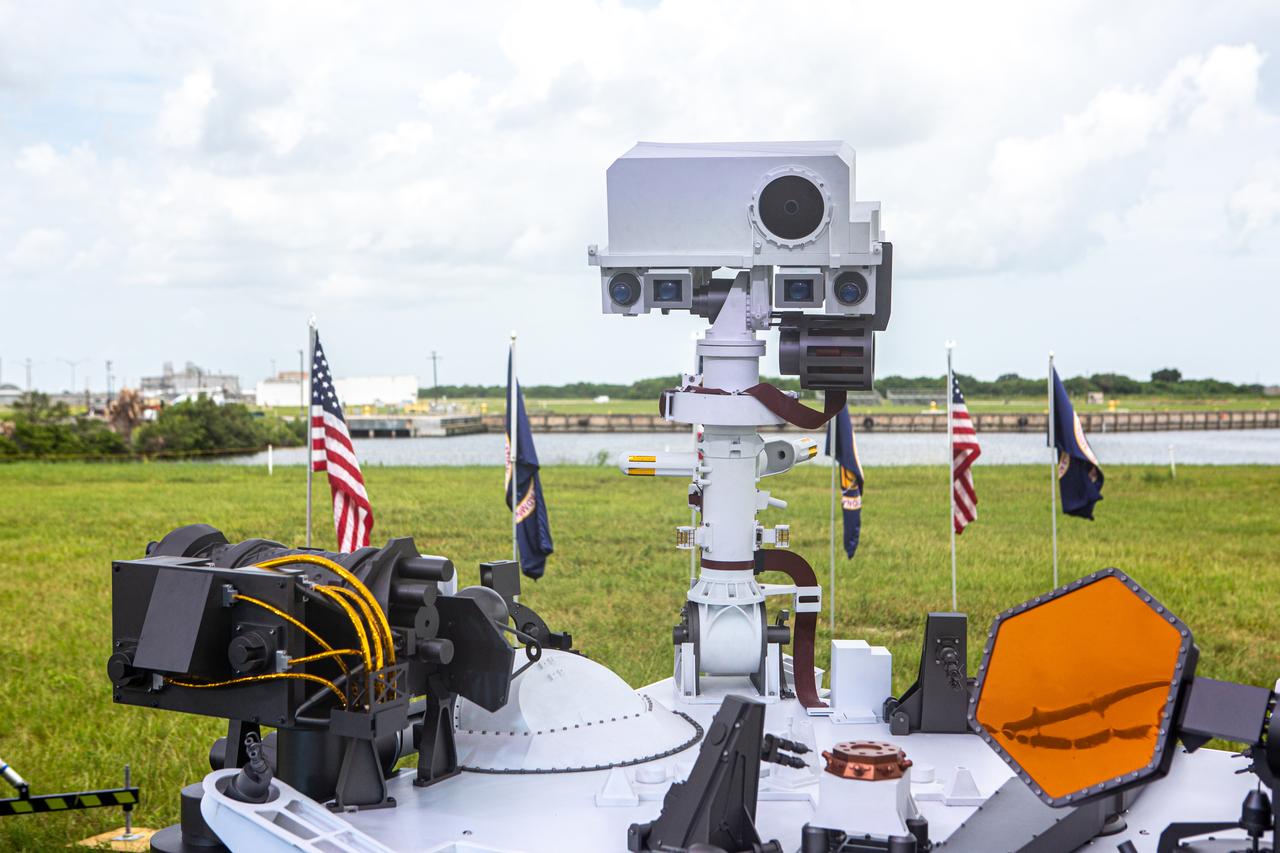 A full-scale mockup of NASA’s Mars 2020 Perseverance rover is on display at the News Center at the agency’s Kennedy Space Center in Florida on July 29, 2020. The rover and Ingenuity helicopter are scheduled to launch July 30, on a United Launch Alliance Atlas V 541 rocket from Space Launch Complex 41 at nearby Cape Canaveral Air Force Station. The rover is part of NASA’s Mars Exploration Program, a long-term effort of robotic exploration of the Red Planet. The rover will search for habitable conditions in the ancient past and signs of past microbial life on Mars. The Launch Services Program at Kennedy is responsible for launch management.