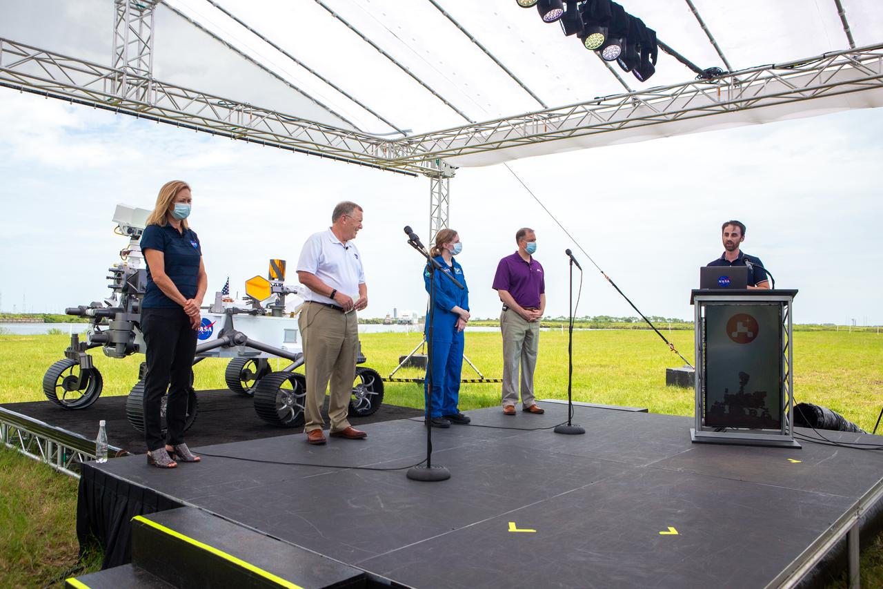Joshua Santora, at the podium, NASA Communications, moderates a Mars 2020 NASA Social at Kennedy Space Center’s News Center in Florida on July 29, 2020. Participants from left are Kennedy Deputy Director Janet Petro, NASA Deputy Administrator Jim Morhard, NASA astronaut Zena Cardman, and NASA Administrator Jim Bridenstine. The Mars Perseverance rover and Ingenuity helicopter are scheduled to launch July 30, on a United Launch Alliance Atlas V 541 rocket from Space Launch Complex 41 at nearby Cape Canaveral Air Force Station. The rover is part of NASA’s Mars Exploration Program, a long-term effort of robotic exploration of the Red Planet. The rover will search for habitable conditions in the ancient past and signs of past microbial life on Mars. The Launch Services Program at Kennedy is responsible for launch management.