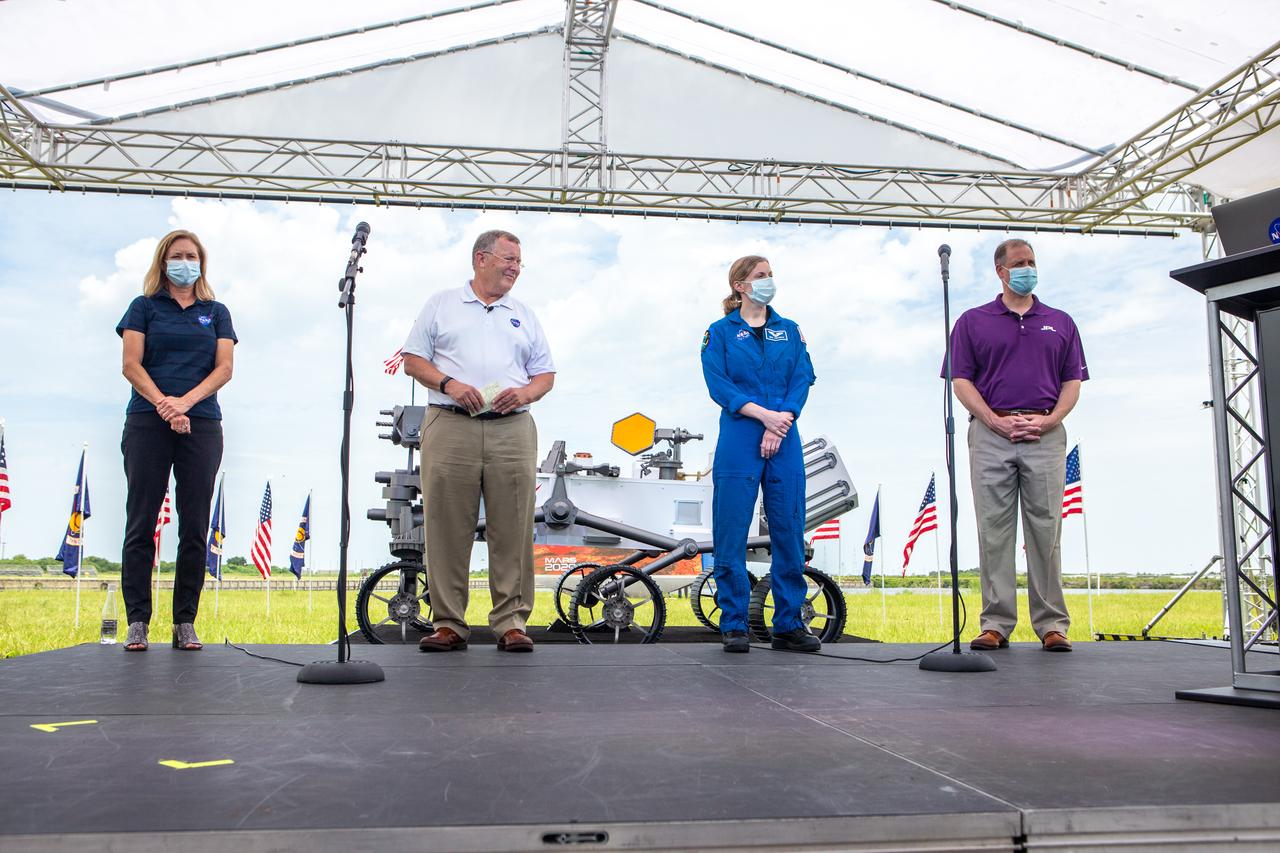 A Mars 2020 NASA Social is held at Kennedy Space Center’s News Center in Florida on July 29, 2020. Participants from left are Kennedy Deputy Director Janet Petro, NASA Deputy Administrator Jim Morhard, NASA astronaut Zena Cardman, and NASA Administrator Jim Bridenstine. The Mars Perseverance rover and Ingenuity helicopter are scheduled to launch July 30, on a United Launch Alliance Atlas V 541 rocket from Space Launch Complex 41 at nearby Cape Canaveral Air Force Station. The rover is part of NASA’s Mars Exploration Program, a long-term effort of robotic exploration of the Red Planet. The rover will search for habitable conditions in the ancient past and signs of past microbial life on Mars. The Launch Services Program at Kennedy is responsible for launch management.