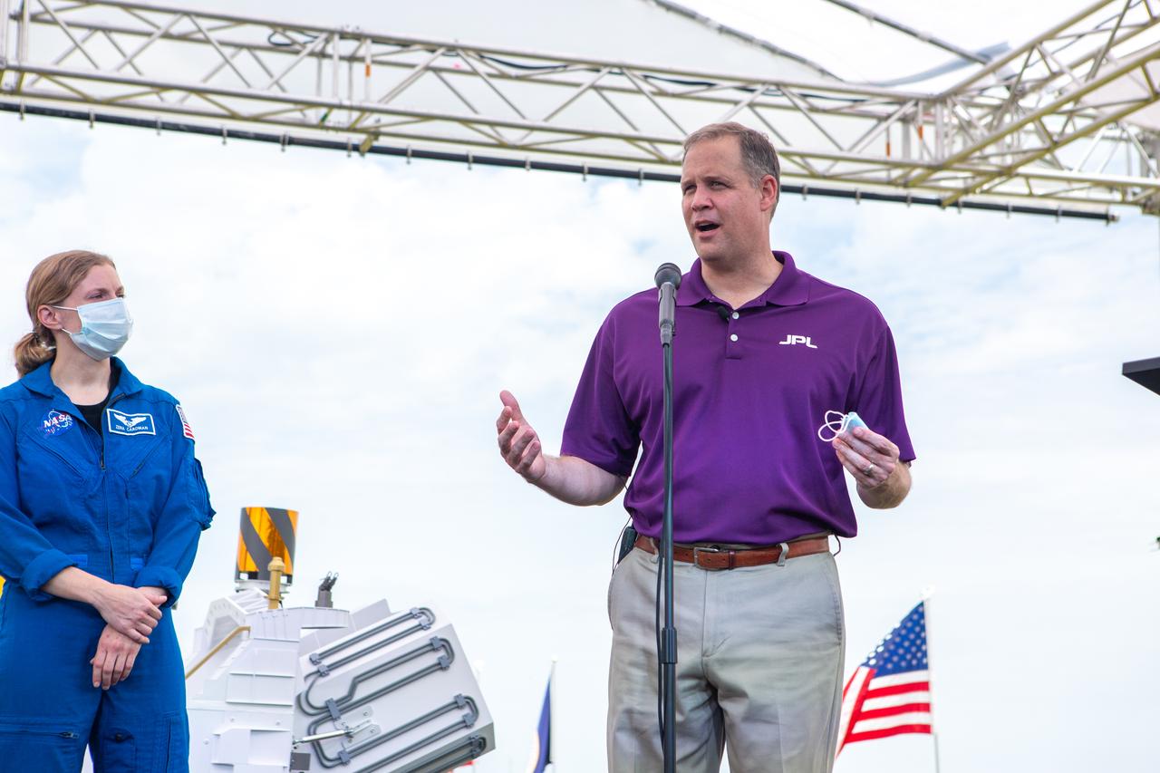 NASA Administrator Jim Bridenstine answers a question during a Mars 2020 NASA Social at Kennedy Space Center’s News Center in Florida on July 29, 2020. At left is NASA astronaut Zena Cardman. The Mars Perseverance rover and Ingenuity helicopter are scheduled to launch July 30, on a United Launch Alliance Atlas V 541 rocket from Space Launch Complex 41 at nearby Cape Canaveral Air Force Station. The rover is part of NASA’s Mars Exploration Program, a long-term effort of robotic exploration of the Red Planet. The rover will search for habitable conditions in the ancient past and signs of past microbial life on Mars. The Launch Services Program at Kennedy is responsible for launch management.