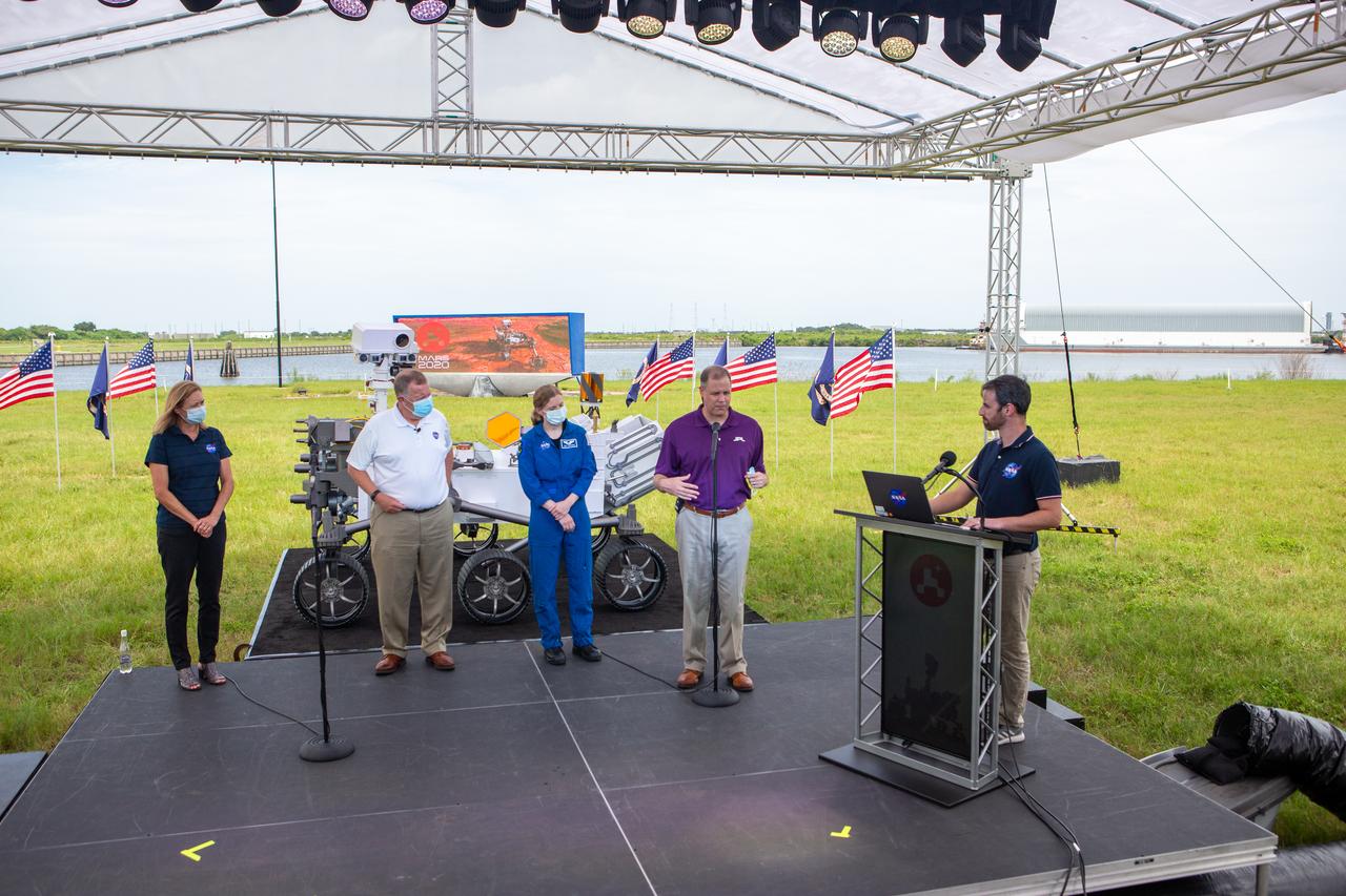 Joshua Santora, at the podium, NASA Communications, moderates a Mars 2020 NASA Social at Kennedy Space Center’s News Center in Florida on July 29, 2020. Participants from left are Kennedy Deputy Director Janet Petro, NASA Deputy Administrator Jim Morhard, NASA astronaut Zena Cardman, and NASA Administrator Jim Bridenstine. The Mars Perseverance rover and Ingenuity helicopter are scheduled to launch July 30, on a United Launch Alliance Atlas V 541 rocket from Space Launch Complex 41 at nearby Cape Canaveral Air Force Station. The rover is part of NASA’s Mars Exploration Program, a long-term effort of robotic exploration of the Red Planet. The rover will search for habitable conditions in the ancient past and signs of past microbial life on Mars. The Launch Services Program at Kennedy is responsible for launch management.
