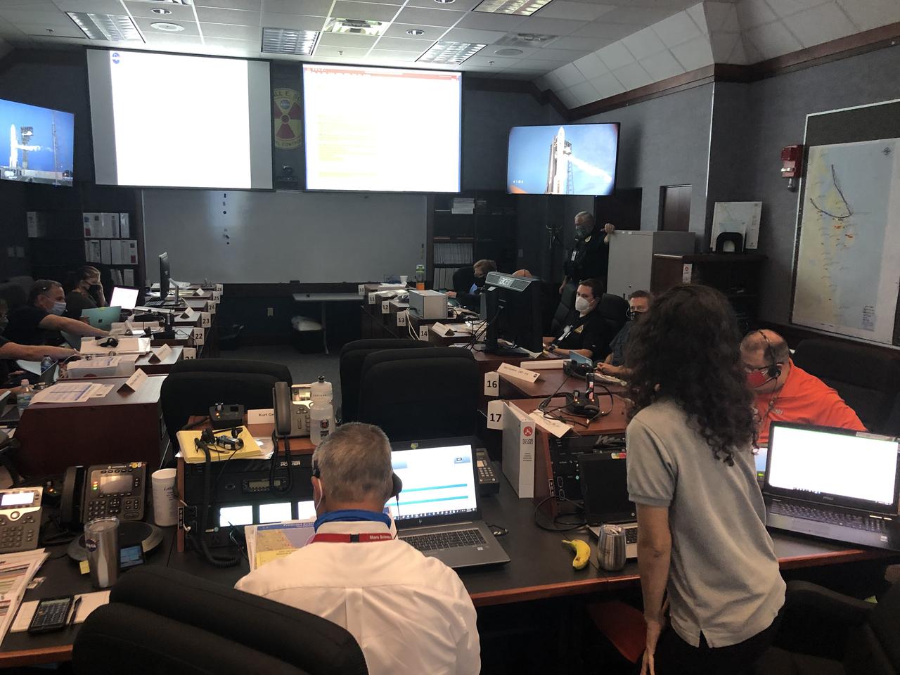 Joint Information Center (JIC), Emergency Operations Center (EOC) and Radiation Control Center (RADCC) members prepare for the launch of NASA’s Mars 2020 Perseverance rover and Ingenuity helicopter on July 30, 2020, at the agency’s Kennedy Space Center in Florida. JIC members include representatives on the local, regional and national level. Mars 2020 launched on a United Launch Alliance Atlas V 541 rocket from Space Launch Complex 41 at nearby Cape Canaveral Air Force Station. Liftoff was at 7:50 a.m. EDT. The rover is part of NASA’s Mars Exploration Program, a long-term effort of robotic exploration of the Red Planet. The rover will search for habitable conditions in the ancient past and signs of past microbial life on Mars. The Launch Services Program at Kennedy is responsible for launch management.