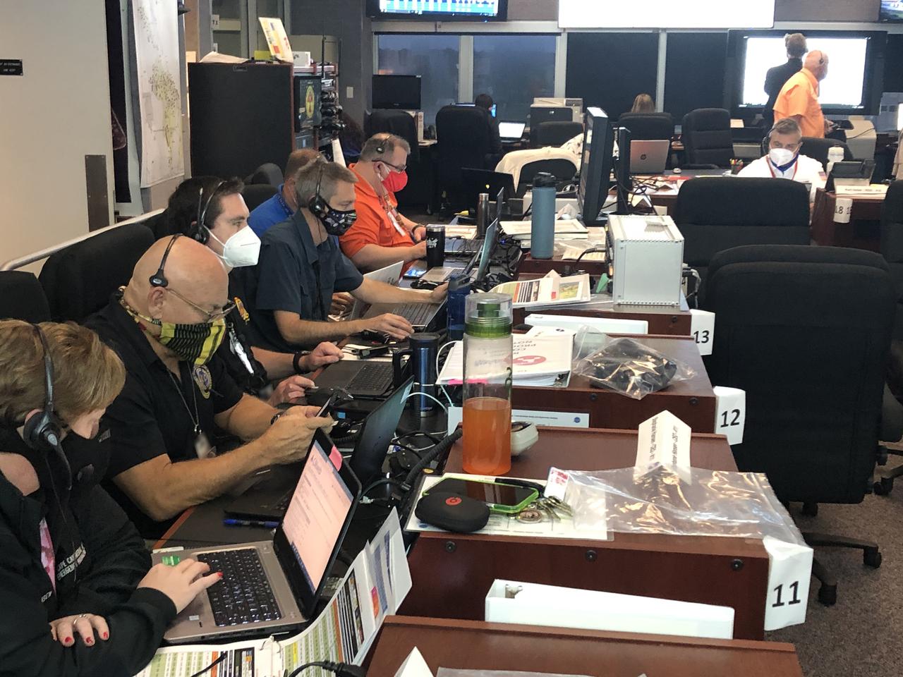 Joint Information Center (JIC), Emergency Operations Center (EOC) and Radiation Control Center (RADCC) members prepare for the launch of NASA’s Mars 2020 Perseverance rover and Ingenuity helicopter on July 30, 2020, at the agency’s Kennedy Space Center in Florida. JIC members include representatives on the local, regional and national level. Mars 2020 launched on a United Launch Alliance Atlas V 541 rocket from Space Launch Complex 41 at nearby Cape Canaveral Air Force Station. Liftoff was at 7:50 a.m. EDT. The rover is part of NASA’s Mars Exploration Program, a long-term effort of robotic exploration of the Red Planet. The rover will search for habitable conditions in the ancient past and signs of past microbial life on Mars. The Launch Services Program at Kennedy is responsible for launch management.