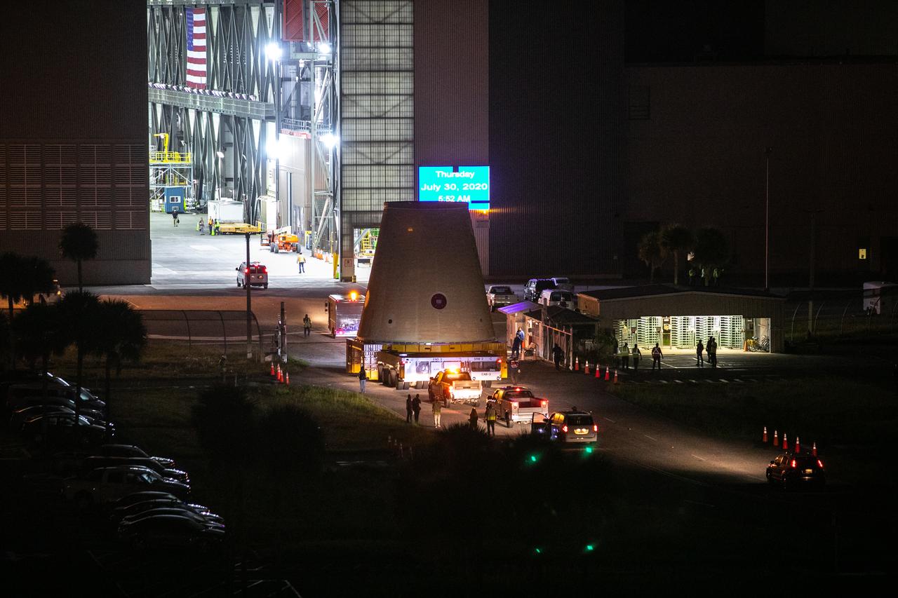 The Launch Vehicle Stage Adapter for the Space Launch System rocket arrived at the barge at Kennedy Space Center for ground processing and integration for the launch of Artemis I.