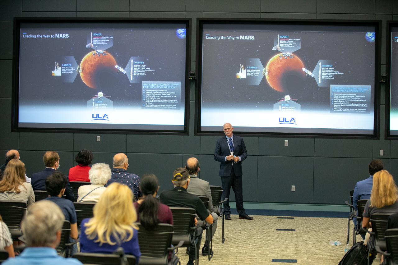 Tory Bruno, president and CEO of United Launch Alliance, participates in a Mars 2020 VIP briefing at the Operations and Support Building II at NASA’s Kennedy Space Center in Florida on July 30, 2020, before launch of the Mars Perseverance rover and Ingenuity helicopter on a United Launch Alliance Atlas V 541 rocket from Space Launch Complex 41 at nearby Cape Canaveral Air Force Station. Liftoff occurred at 7:50 a.m. The rover is part of NASA’s Mars Exploration Program, a long-term effort of robotic exploration of the Red Planet. The rover will search for habitable conditions in the ancient past and signs of past microbial life on Mars. The Launch Services Program at Kennedy is responsible for launch management.