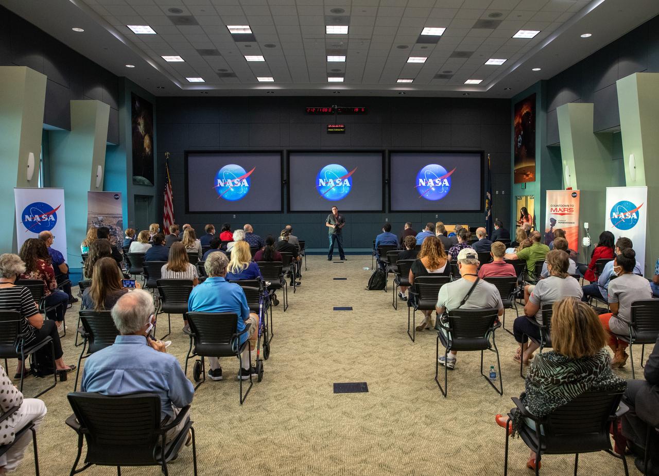 Michael Watkins, director of NASA’s Jet Propulsion Laboratory in Pasadena, California, participates in a Mars 2020 VIP briefing at the Operations and Support Building II at NASA’s Kennedy Space Center in Florida on July 30, 2020, before launch of the Mars Perseverance rover and Ingenuity helicopter on a United Launch Alliance Atlas V 541 rocket from Space Launch Complex 41 at nearby Cape Canaveral Air Force Station. Liftoff occurred at 7:50 a.m. The rover is part of NASA’s Mars Exploration Program, a long-term effort of robotic exploration of the Red Planet. The rover will search for habitable conditions in the ancient past and signs of past microbial life on Mars. The Launch Services Program at Kennedy is responsible for launch management.