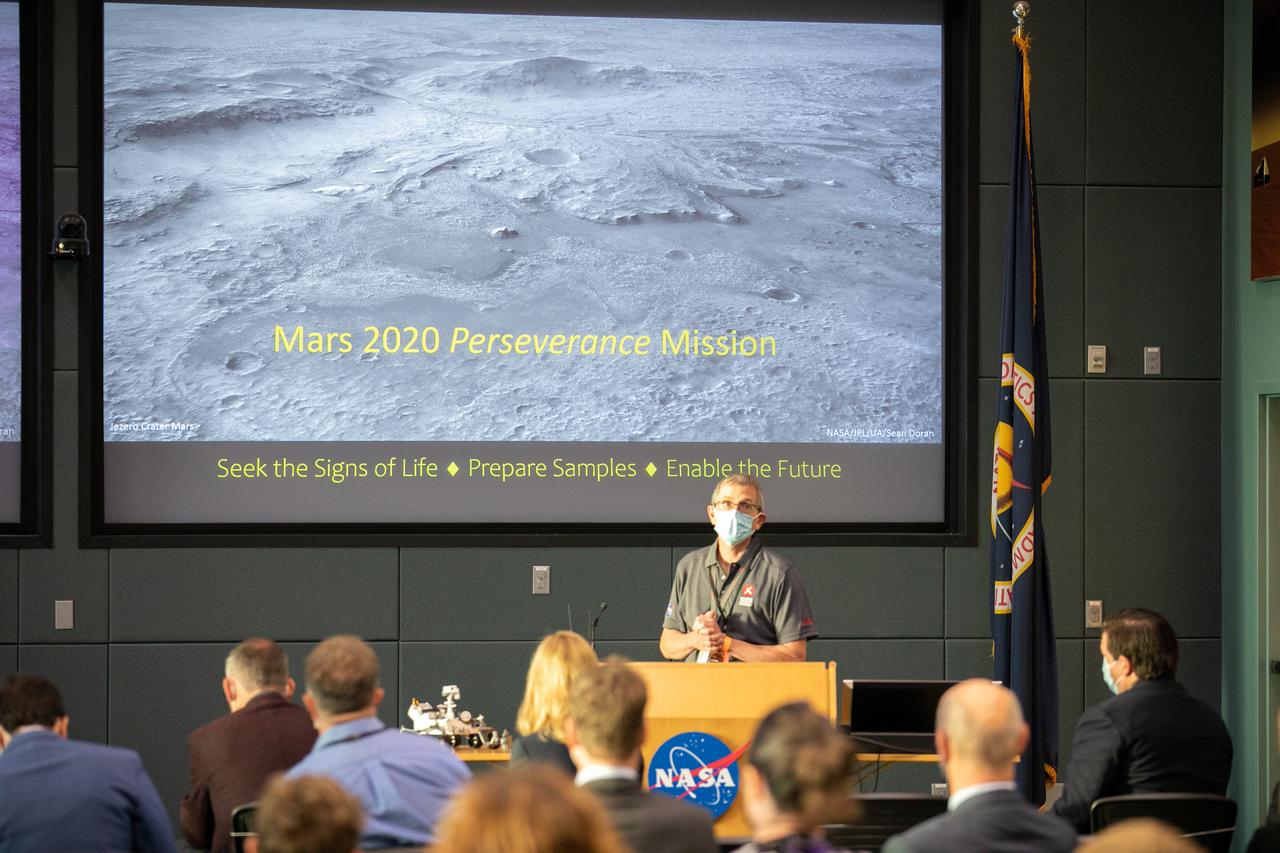 Dr. Kenneth Farley, a project scientist with Caltech, gave a science overview at the Mars 2020 VIP briefing at the Operations and Support Building II at NASA’s Kennedy Space Center in Florida on July 30, 2020, before launch of the Mars Perseverance rover and Ingenuity helicopter on a United Launch Alliance Atlas V 541 rocket from Space Launch Complex 41 at nearby Cape Canaveral Air Force Station. Liftoff occurred at 7:50 a.m. The rover is part of NASA’s Mars Exploration Program, a long-term effort of robotic exploration of the Red Planet. The rover will search for habitable conditions in the ancient past and signs of past microbial life on Mars. The Launch Services Program at Kennedy is responsible for launch management. 