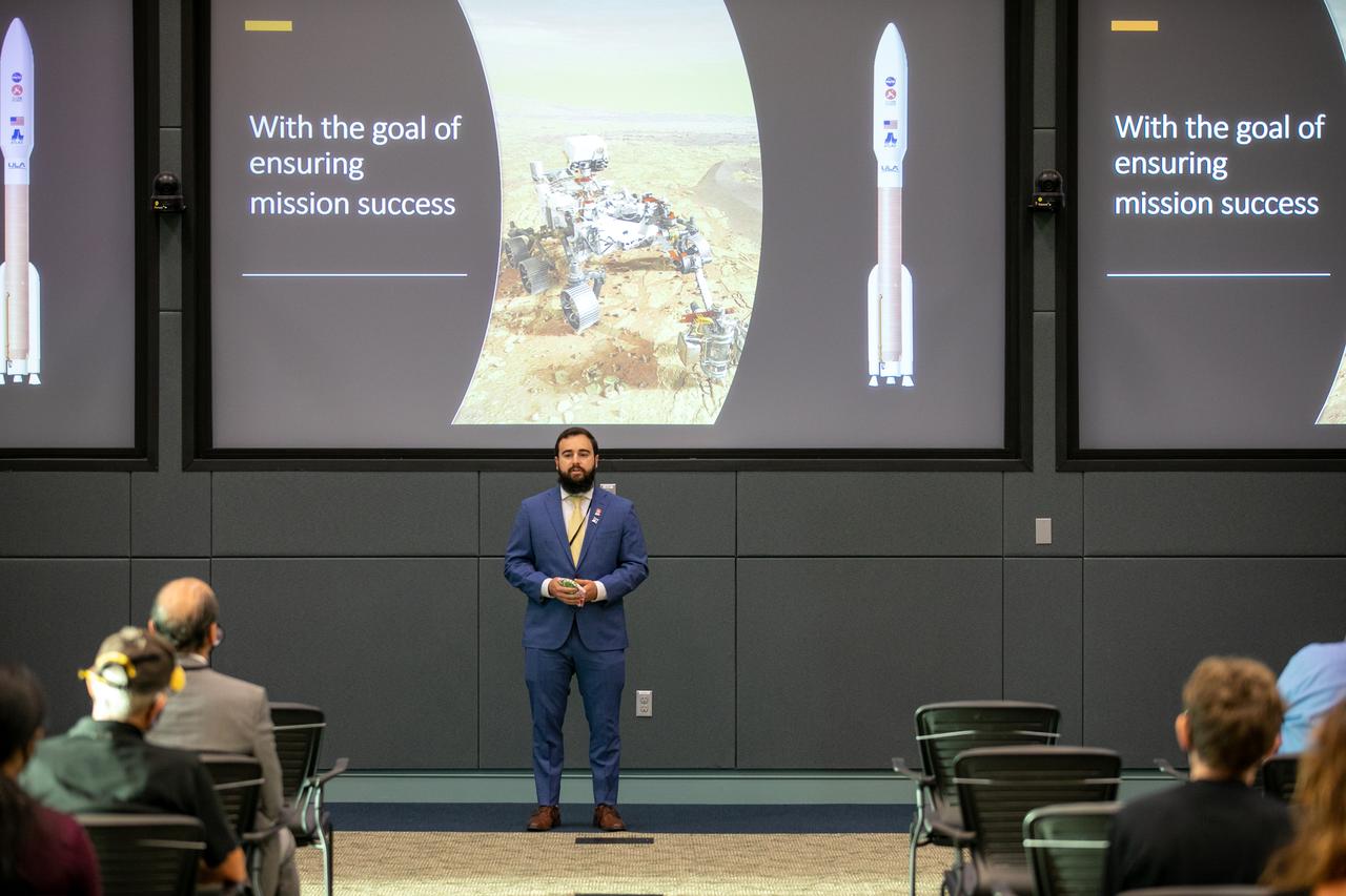 Erik Durnberg, a structural dynamics engineer with NASA’s Launch Services Program, participates in a Mars 2020 VIP briefing at the Operations and Support Building II at NASA’s Kennedy Space Center in Florida on July 30, 2020, before launch of the Mars Perseverance rover and Ingenuity helicopter on a United Launch Alliance Atlas V 541 rocket from Space Launch Complex 41 at nearby Cape Canaveral Air Force Station. Liftoff occurred at 7:50 a.m. The rover is part of NASA’s Mars Exploration Program, a long-term effort of robotic exploration of the Red Planet. The rover will search for habitable conditions in the ancient past and signs of past microbial life on Mars. The Launch Services Program at Kennedy is responsible for launch management.