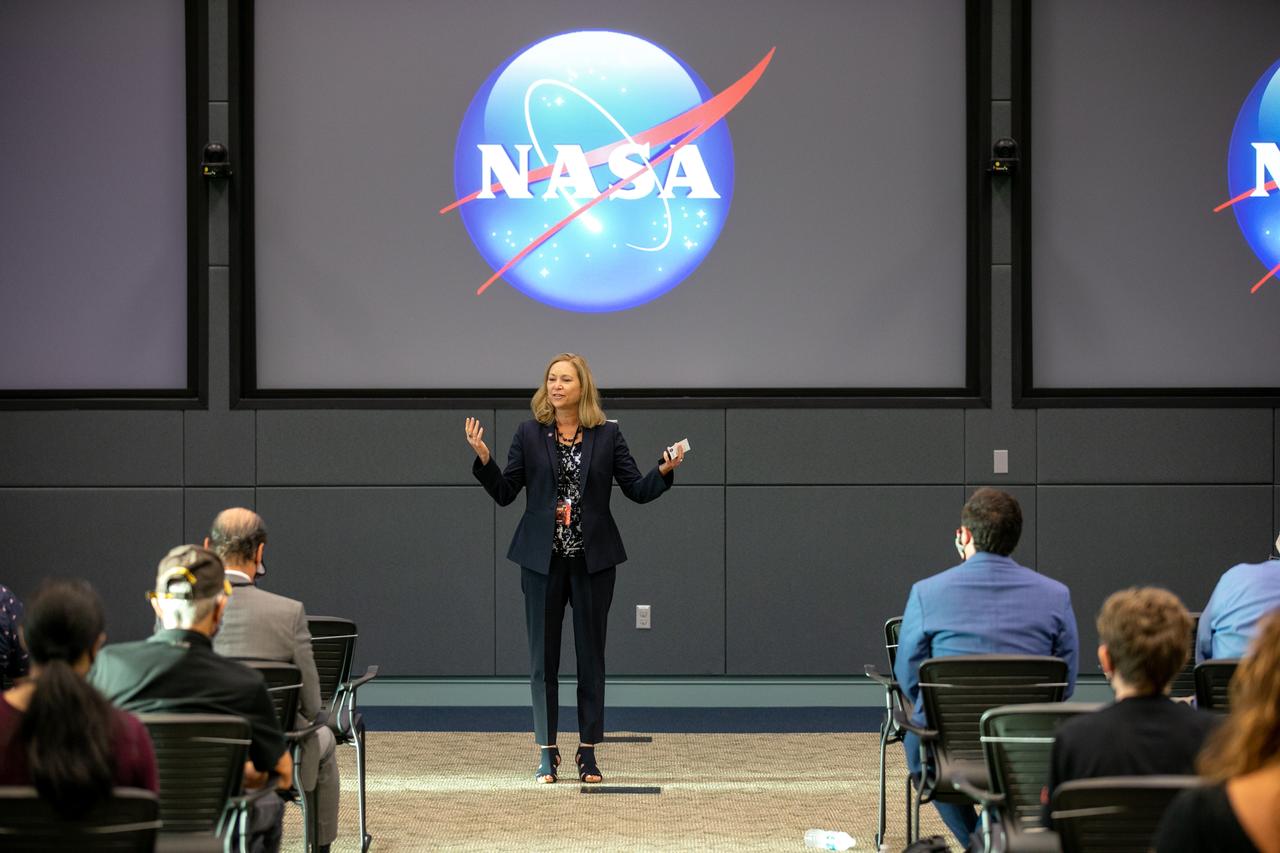 Janet Petro, deputy director of Kennedy Space Center in Florida, participates in a Mars 2020 VIP briefing at the Operations and Support Building II at NASA’s Kennedy Space Center in Florida on July 30, 2020, before launch of the Mars Perseverance rover and Ingenuity helicopter on a United Launch Alliance Atlas V 541 rocket from Space Launch Complex 41 at nearby Cape Canaveral Air Force Station. Liftoff occurred at 7:50 a.m. The rover is part of NASA’s Mars Exploration Program, a long-term effort of robotic exploration of the Red Planet. The rover will search for habitable conditions in the ancient past and signs of past microbial life on Mars. The Launch Services Program at Kennedy is responsible for launch management.