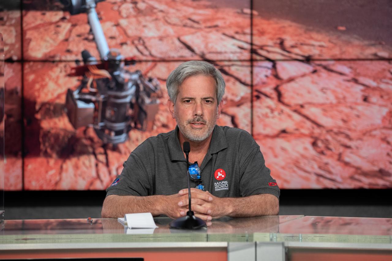 Matt Wallace, deputy project manager, NASA’s Jet Propulsion Laboratory, participates in a Mars 2020 post-launch news conference at NASA’s Kennedy Space Center in Florida on July 30, 2020. The United Launch Alliance Atlas V 541 rocket lifted off from Space Launch Complex 41 at Cape Canaveral Air Force Station at 7:50 a.m. EDT, carrying the agency’s Mars Perseverance rover and Ingenuity helicopter. The rover is part of NASA’s Mars Exploration Program, a long-term effort of robotic exploration of the Red Planet. The rover will search for habitable conditions in the ancient past and signs of past microbial life on Mars. The Launch Services Program at Kennedy is responsible for launch management. 