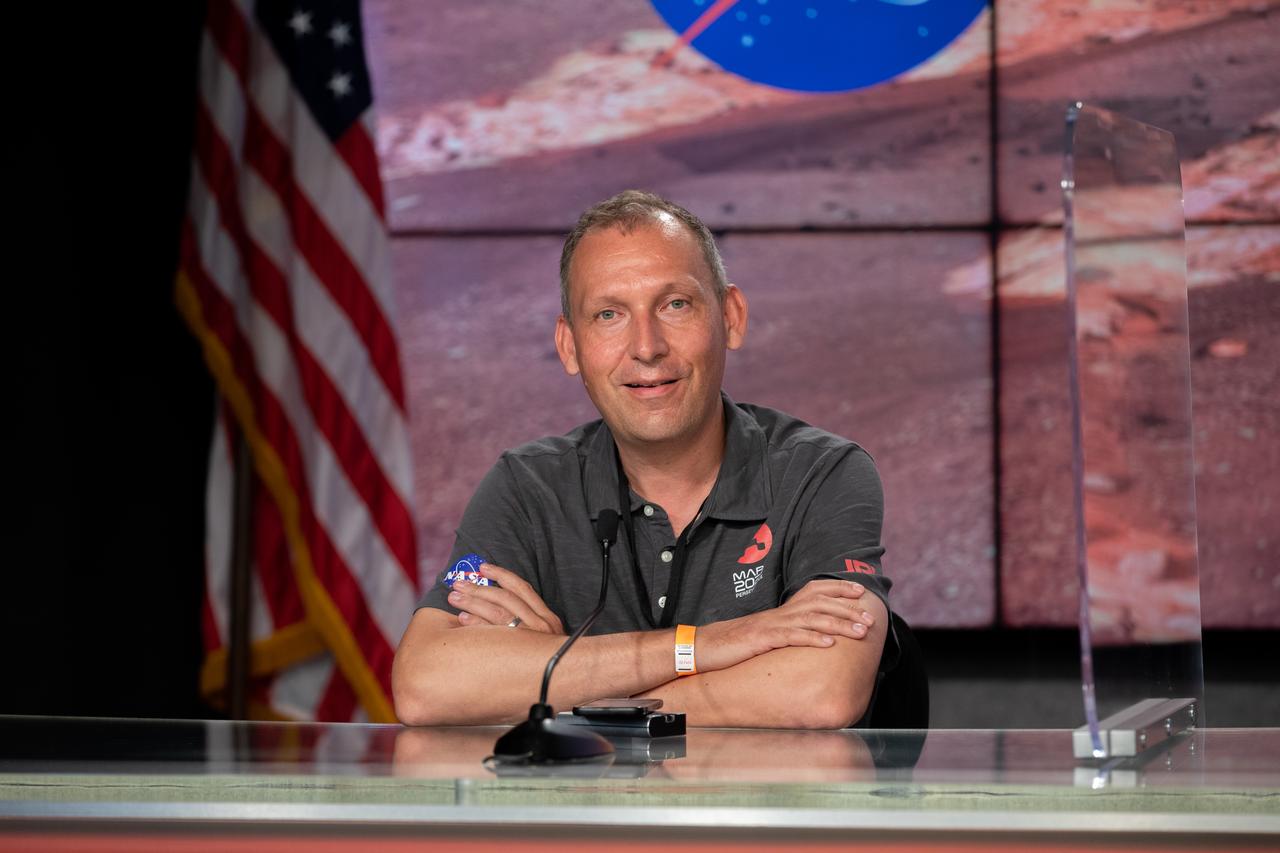 Thomas Zurbuchen, NASA associate administrator, Science Mission Directorate, participates in a Mars 2020 post-launch news conference at NASA’s Kennedy Space Center in Florida on July 30, 2020. The United Launch Alliance Atlas V 541 rocket lifted off from Space Launch Complex 41 at Cape Canaveral Air Force Station at 7:50 a.m. EDT, carrying the agency’s Mars Perseverance rover and Ingenuity helicopter. The rover is part of NASA’s Mars Exploration Program, a long-term effort of robotic exploration of the Red Planet. The rover will search for habitable conditions in the ancient past and signs of past microbial life on Mars. The Launch Services Program at Kennedy is responsible for launch management.