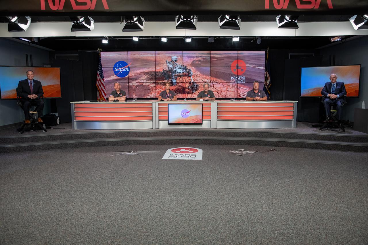 A Mars 2020 post-launch news conference is held at NASA’s Kennedy Space Center in Florida on July 30, 2020. Participants, from left, are NASA Administrator Jim Bridenstine; Thomas Zurbuchen, NASA associate administrator, Science Mission Directorate; Lori Glaze, Planetary Science Division director, NASA Headquarters; Matt Wallace, deputy project manager, NASA’s Jet Propulsion Laboratory; Omar Baez, launch director, NASA’s Launch Services Program; and Tory Bruno, president and CEO of United Launch Alliance. The United Launch Alliance Atlas V 541 rocket lifted off from Space Launch Complex 41 at Cape Canaveral Air Force Station at 7:50 a.m. EDT, carrying the agency’s Mars Perseverance rover and Ingenuity helicopter. The rover is part of NASA’s Mars Exploration Program, a long-term effort of robotic exploration of the Red Planet. The rover will search for habitable conditions in the ancient past and signs of past microbial life on Mars. The Launch Services Program at Kennedy is responsible for launch management.