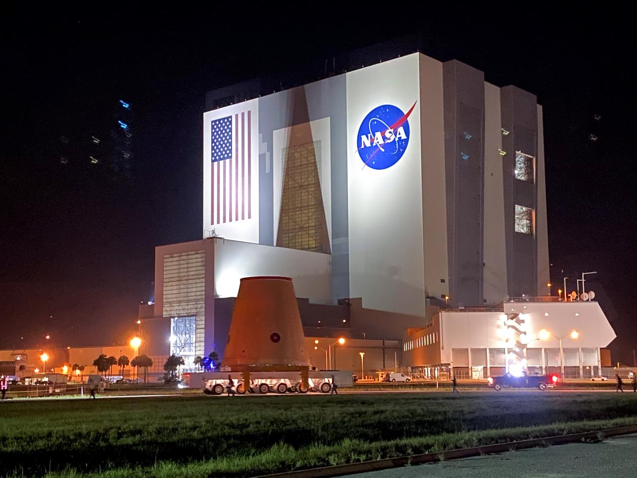 Technicians with NASA’s Exploration Ground Systems move the launch vehicle stage adapter (LVSA) for the agency’s Space Launch System (SLS) rocket to the Vehicle Assembly Building (VAB) on July 30, 2020, for processing. Carried by NASA’s Pegasus barge, the LVSA arrived at Kennedy Space Center’s Launch Complex 39 turn basin wharf after departing from the agency’s Marshall Space Flight Center in Huntsville, Alabama. The LVSA will connect the SLS core stage to the rocket’s upper stage and will remain in the VAB until it’s time for stacking on the mobile launcher ahead of the Artemis I launch. The first in a series of increasingly complex missions, Artemis I will test SLS and the Orion spacecraft as an integrated system prior to crewed flights to the Moon.