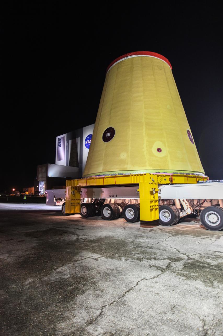 The launch vehicle stage adapter (LVSA) for NASA’s Space Launch System (SLS) rocket is transported to the Vehicle Assembly Building (VAB) for processing at NASA’s Kennedy Space Center in Florida on July 30, 2020. Carried by NASA’s Pegasus barge, the LVSA arrived at Kennedy’s Launch Complex 39 turn basin wharf after departing from the agency’s Marshall Space Flight Center in Huntsville, Alabama. The LVSA will connect the SLS core stage to the rocket’s upper stage and will remain in the VAB until it’s time for stacking on the mobile launcher ahead of the Artemis I launch. The first in a series of increasingly complex missions, Artemis I will test SLS and the Orion spacecraft as an integrated system prior to crewed flights to the Moon.