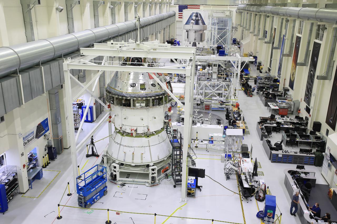 Technicians at NASA’s Kennedy Space Center in Florida work to install the spacecraft adapter (SA) cone to the Artemis I Orion spacecraft inside the Neil Armstrong Operations and Checkout Building on Aug. 10, 2020. This is one of the final major hardware operations the spacecraft will undergo during closeout processing prior to being integrated with the Space Launch System (SLS) rocket in preparation for the first Artemis mission. The spacecraft adapter cone connects the bottom portion of Orion’s service module to the top part of the rocket known as the interim cryogenic propulsion stage (ICPS). Orion will fly on the agency’s Artemis I mission – the first in a series of increasingly complex missions to the Moon that will ultimately lead to the exploration of Mars.