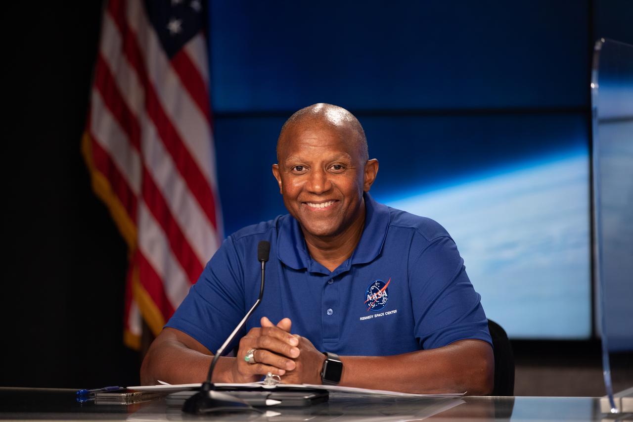 NASA Kennedy Space Center Associate Director, Technical Kelvin Manning participates in a virtual town hall meeting on Aug. 20, 2020, inside the Florida spaceport’s Press Site auditorium. During the town hall, Kennedy’s senior leaders answered questions submitted by the workforce and discussed a wide range of topics, including upcoming milestones, updates on the criteria for returning to onsite work, and diversity and inclusion at the multi-user spaceport.
