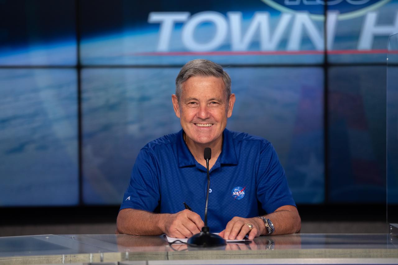 NASA Kennedy Space Center Director Bob Cabana participates in a virtual town hall meeting on Aug. 20, 2020, inside the Florida spaceport’s Press Site auditorium. During the town hall, Kennedy’s senior leaders answered questions submitted by the workforce and discussed a wide range of topics, including upcoming milestones, updates on the criteria for returning to onsite work, and diversity and inclusion at the multi-user spaceport.