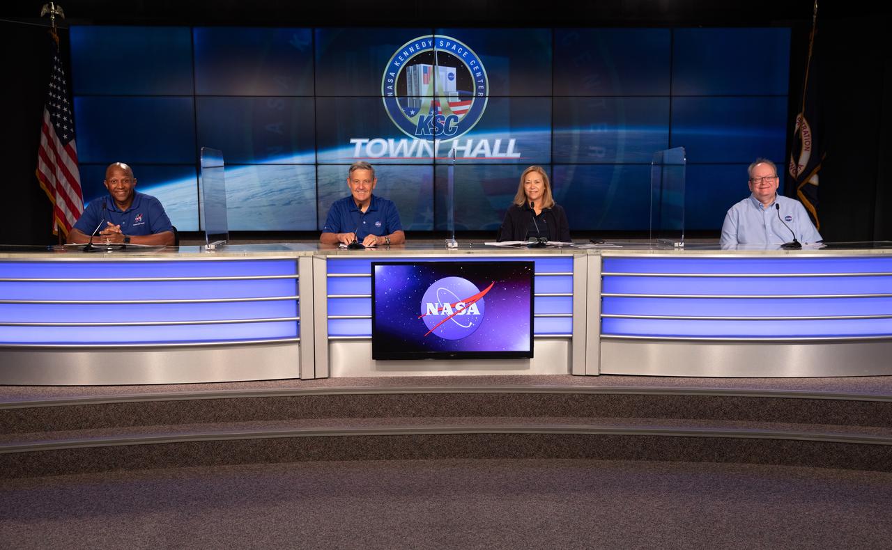 From left, NASA Kennedy Space Center Associate Director, Technical Kelvin Manning; Director Bob Cabana; Deputy Director Janet Petro; and Associate Director, Management Burt Summerfield participate in a virtual town hall meeting on Aug. 20, 2020, inside the Florida spaceport’s Press Site auditorium. During the town hall, Kennedy’s senior leaders answered questions submitted by the workforce and discussed a wide range of topics, including upcoming milestones, updates on the criteria for returning to onsite work, and diversity and inclusion at the multi-user spaceport.