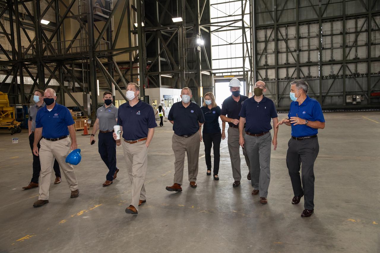 Kennedy Space Center Director Bob Cabana, far right, accompanies Russell Vought, second from right, director of the White House Office of Management and Budget, on a tour of the Vehicle Assembly Building (VAB) on Aug. 28, 2020. Leading the group, in front, is NASA Administrator Jim Bridenstine, along with NASA Deputy Administrator Jim Morhard, Kennedy Space Center Deputy Director Janet Petro, and Mike Bolger, manager of Kennedy’s Exploration Ground Systems Directorate. The VAB is critical to the assembly of the Space Launch System rocket for NASA’s Artemis program. The Office of Management and Budget is working with the U.S. Congress to line up the necessary resources to land the first woman and the next man on the Moon in 2024.