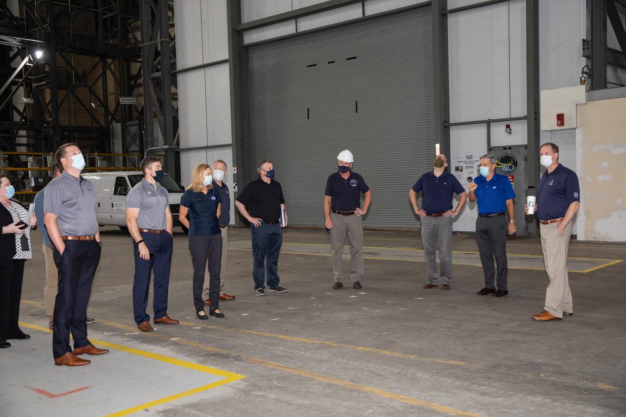 Kennedy Space Center Director Bob Cabana, second from right, accompanies Russell Vought, third from right, director of the White House Office of Management and Budget, and NASA Administrator Jim Bridenstine, far right, on a tour of the Vehicle Assembly Building (VAB) on Aug. 28, 2020. Third from left is Kennedy Deputy Director Janet Petro, and fourth from right is Mike Bolger, manager of Kennedy’s Exploration Ground Systems Directorate. The VAB is critical to the assembly of the Space Launch System rocket for NASA’s Artemis program. The Office of Management and Budget is working with the U.S. Congress to line up the necessary resources to land the first woman and the next man on the Moon in 2024.