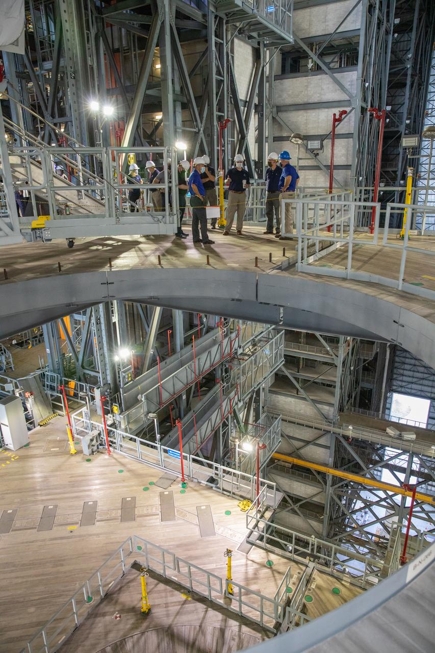 Kennedy Space Center Director Bob Cabana accompanies NASA Administrator Jim Bridenstine, and Russell Vought, director of the White House Office of Management and Budget, on a tour of the Vehicle Assembly Building (VAB) on Aug. 28, 2020. In this photo, they are viewing one of the levels of new service platforms in High Bay 3. The VAB is critical to the assembly of the Space Launch System rocket for NASA’s Artemis program. The Office of Management and Budget is working with the U.S. Congress to line up the necessary resources to land the first woman and the next man on the Moon in 2024.