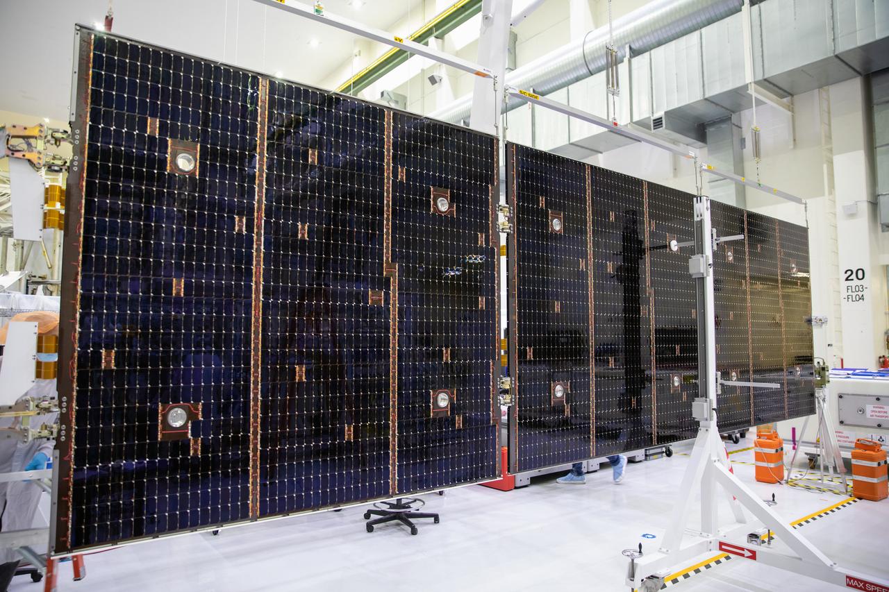 Inside the Neil Armstrong Operations and Checkout Building high bay at NASA’s Kennedy Space Center in Florida, in preparation for installation on the Artemis I spacecraft, technicians have extended one of the Artemis I solar array wings for inspection on Sept. 10, 2020, to confirm that it unfurled properly and all of the mechanisms functioned as expected. The solar array is one of four panels that will generate 11 kilowatts of power and span about 63 feet. The array is a component of Orion’s service module, which is provided by the European Space Agency and built by Airbus Defence and Space to supply Orion’s power, propulsion, air and water. The first in a series of increasingly complex missions, Artemis I will test the Orion spacecraft and Space Launch System as an integrated system ahead of crewed flights to the Moon. Under the Artemis program, NASA will land the first woman and the next man on the Moon in 2024.