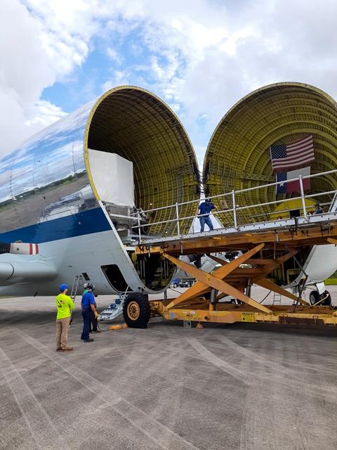 NASA’s Super Guppy arrives at Kennedy Space Center’s Launch and Landing Facility in Florida on Sept. 11, 2020, carrying the Orion Service Module Structural Test Article (SM-STA). Composed of the European Service Module (ESM) and crew module adapter (CMA), these components mark the completion of the test campaign to certify Orion’s Service Module for Artemis I. The Orion SM-STA is being offloaded for transport to the Neil Armstrong Operations and Checkout Building. The first in a series of increasingly complex missions, Artemis I will test the Orion spacecraft and Space Launch System as an integrated system ahead of crewed flights to the Moon. Under the Artemis program, NASA will land the first woman and the next man on the Moon by 2024. Photo credit: