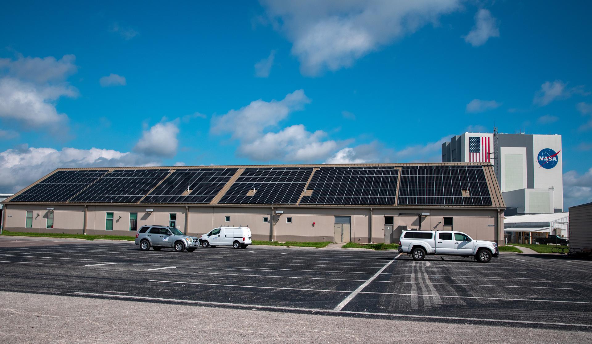 The Electrical Maintenance Facility at Kennedy Space Center in Florida with solar panels on the roof.